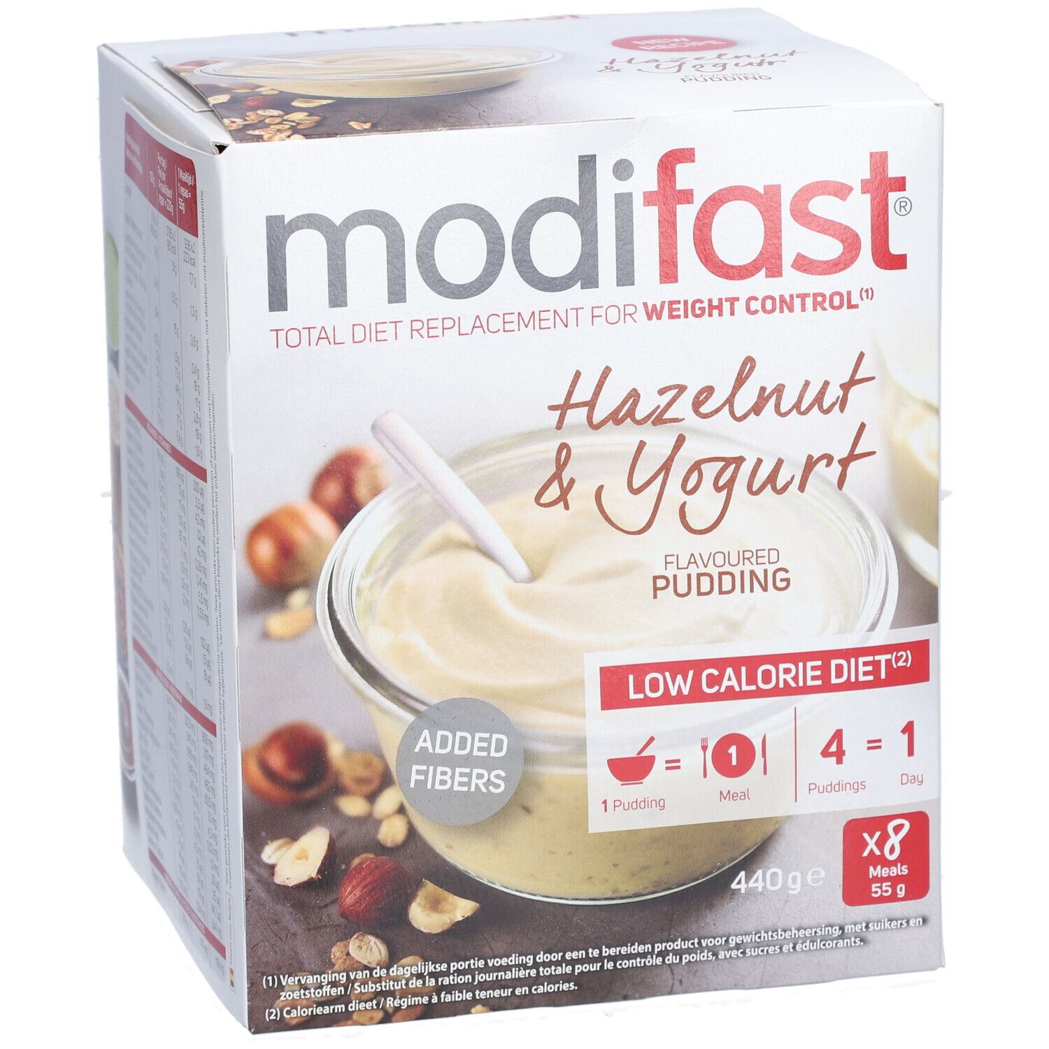 Boîte de Modifast Pudding Yaourt aux Noisettes. Pudding, noisettes et texte visibles. Contient 8 portions.
