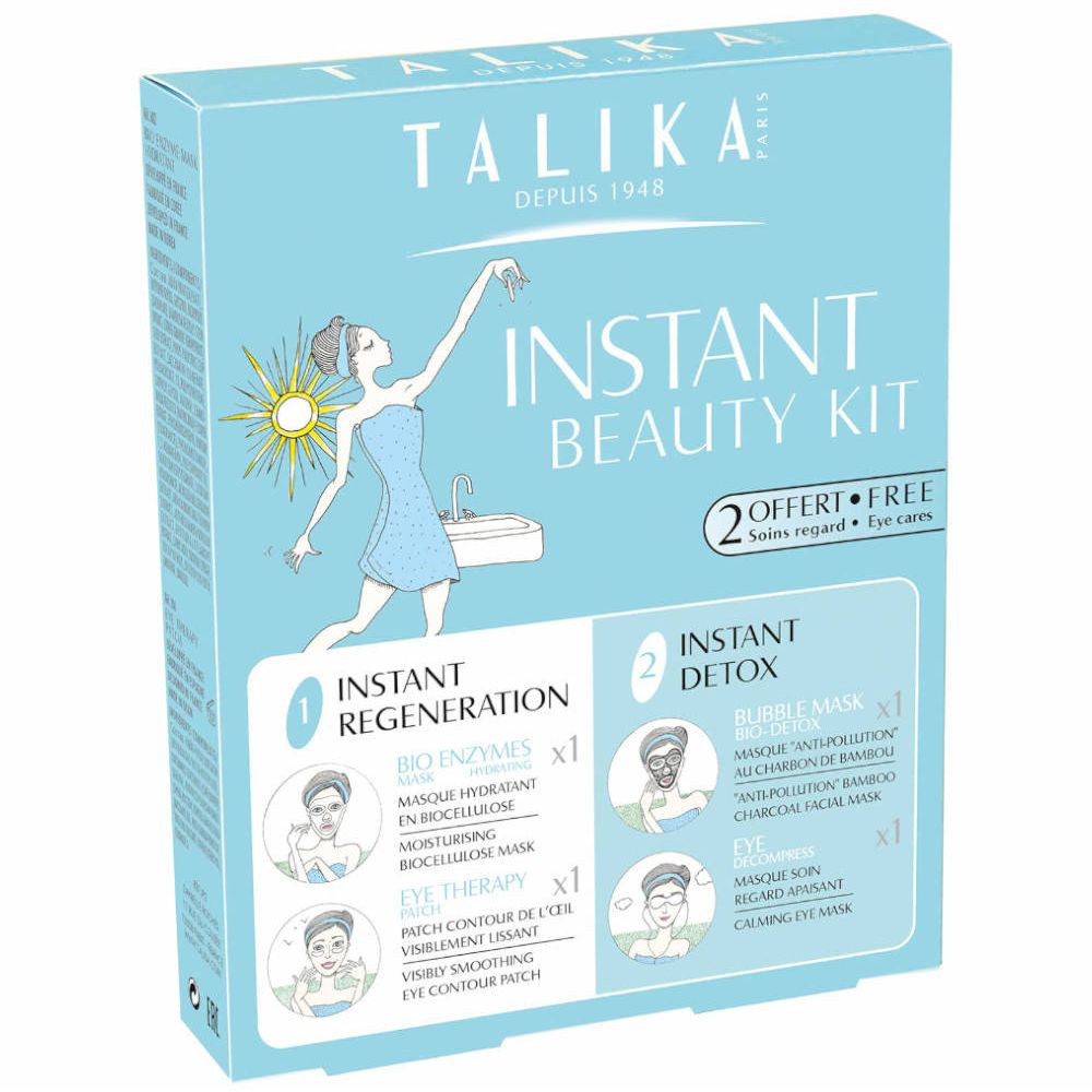 Boîte bleu clair avec illustrations et texte. Logo et inscription "Instant Beauty Kit" visibles.