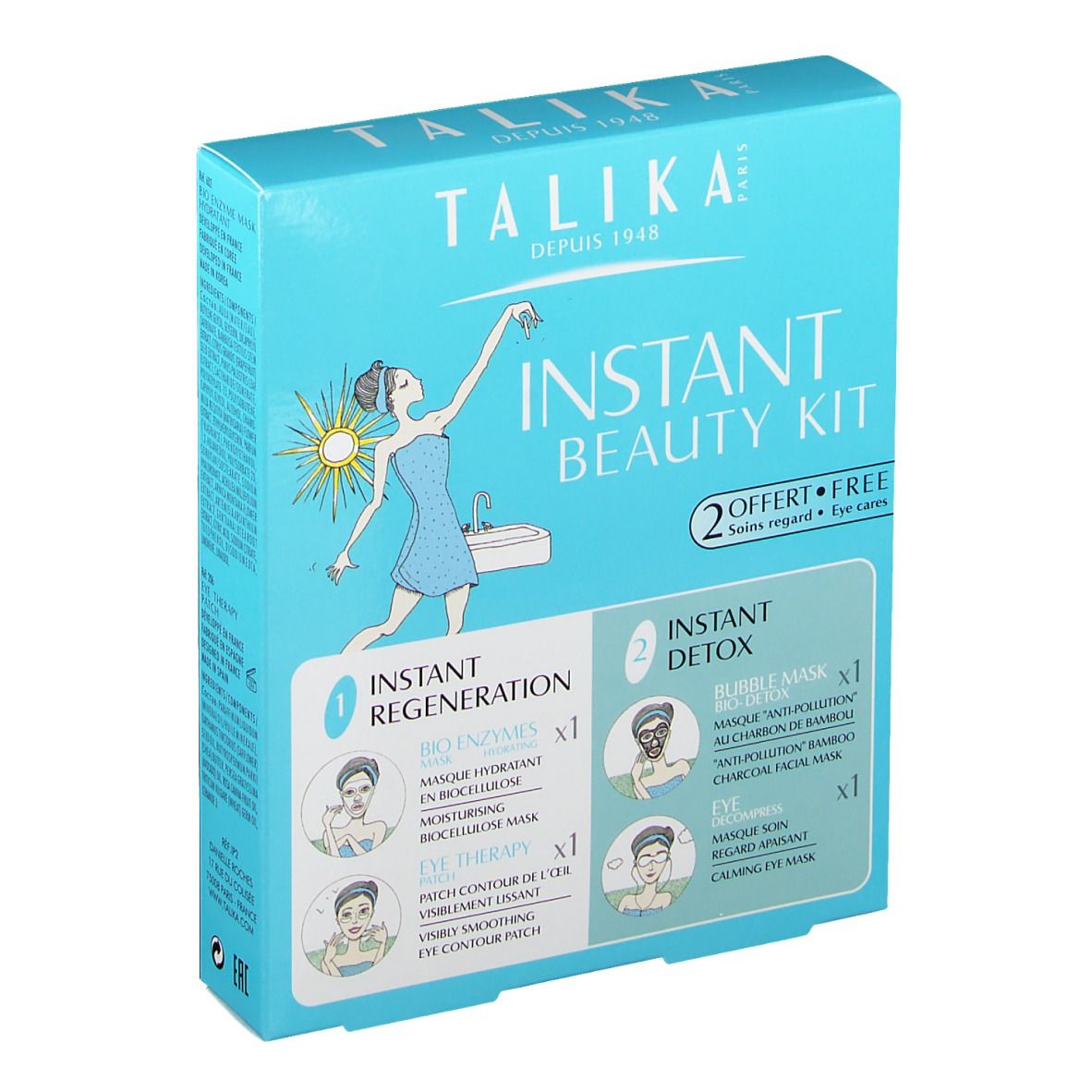Boîte bleu clair avec illustrations et texte. Logo et inscription "Instant Beauty Kit" visibles.
