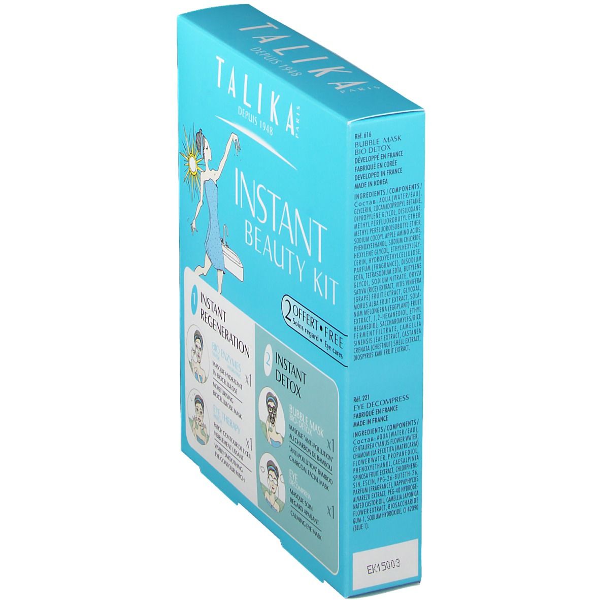 Boîte bleu clair avec illustrations et texte. Logo et inscription "Instant Beauty Kit" visibles.