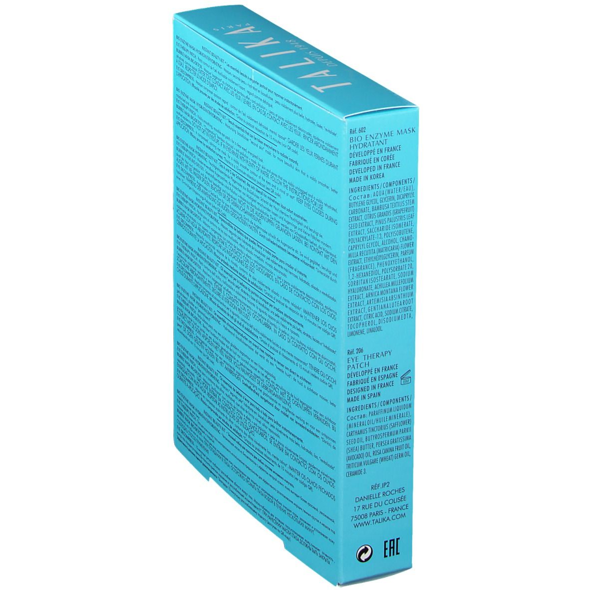 Boîte bleu clair avec texte et informations sur le contenu. Logo et inscription "Instant Beauty Kit" visibles.