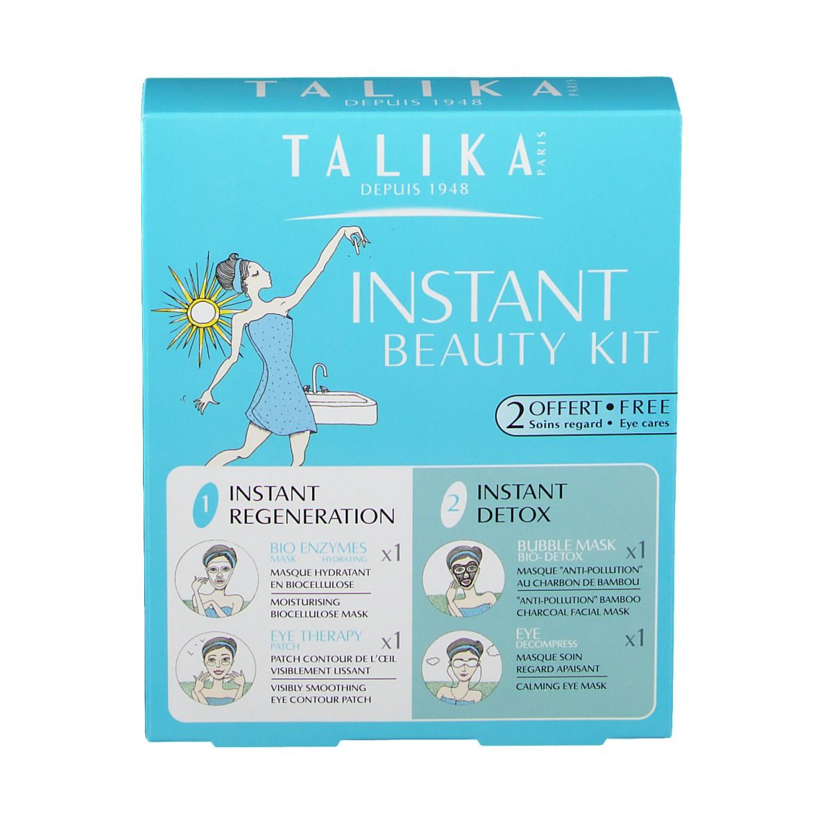Boîte bleu clair avec illustrations et texte. Logo et inscription "Instant Beauty Kit" visibles.