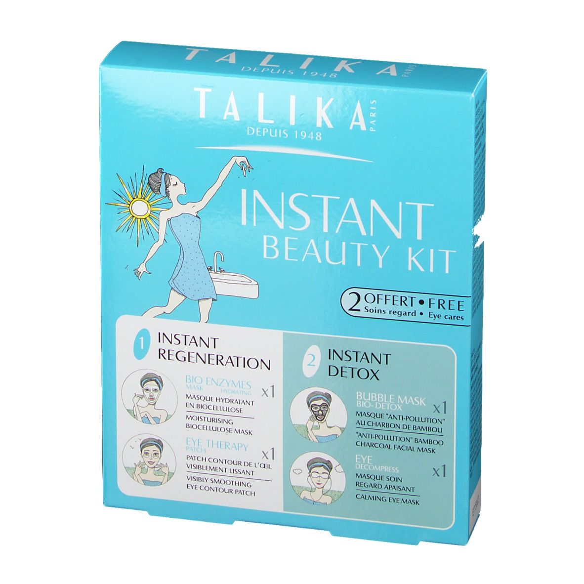 Boîte bleu clair avec illustrations et texte. Logo et inscription "Instant Beauty Kit" visibles.