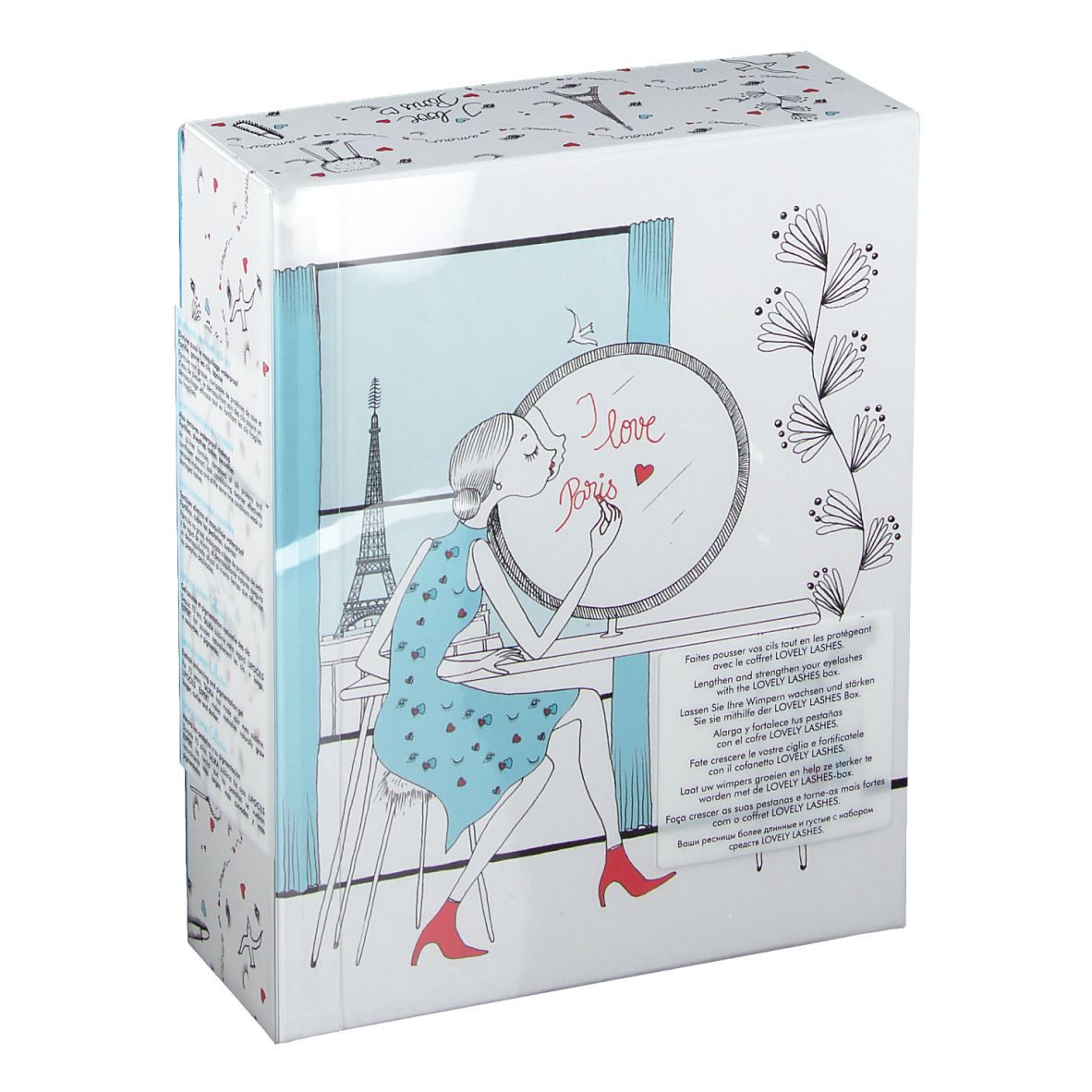 Boîte cadeau avec illustration d'une femme devant un miroir. Inscription "I love Paris".