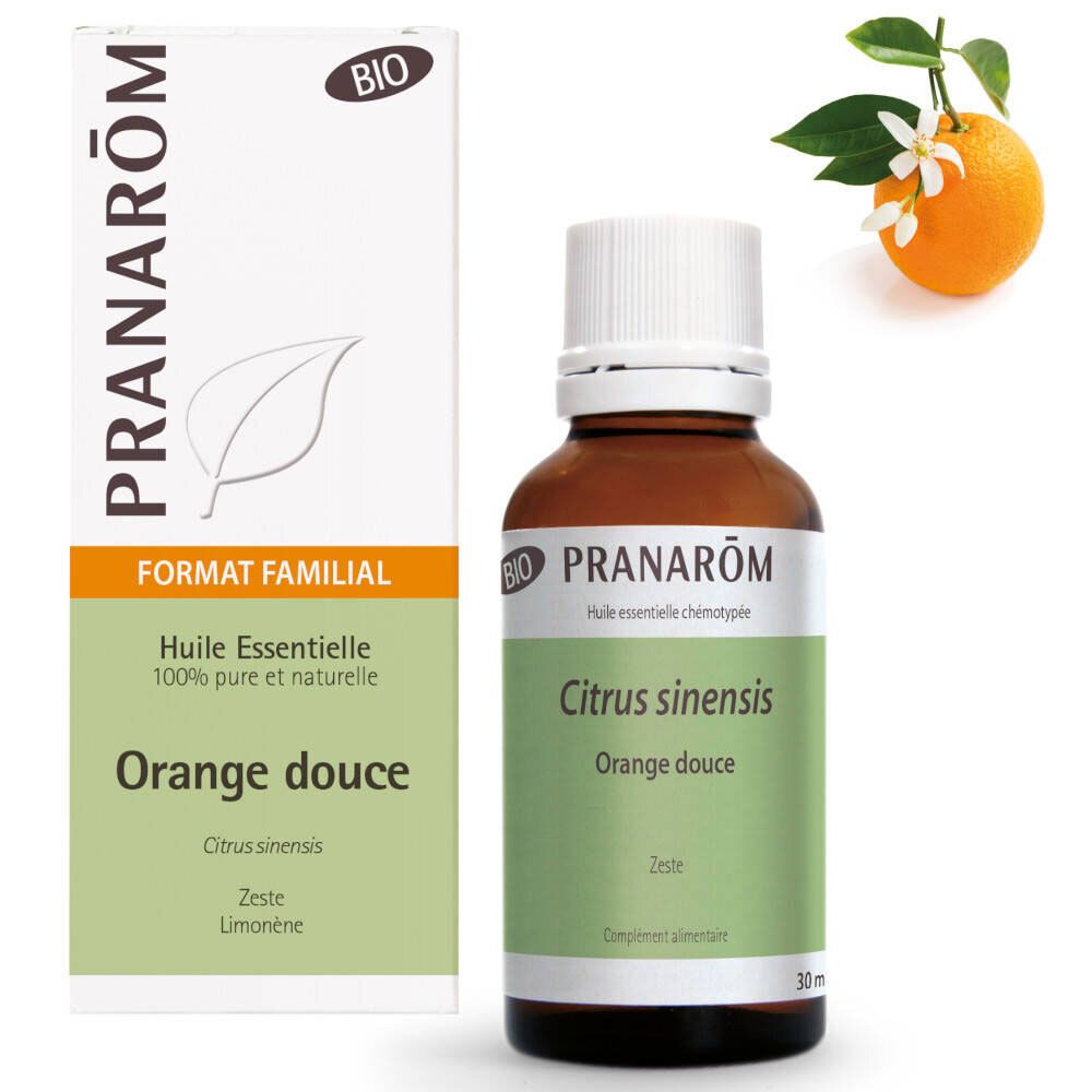 Flacon en verre brun avec bouchon blanc et étiquette. Boîte avec informations produit et orange avec fleurs.