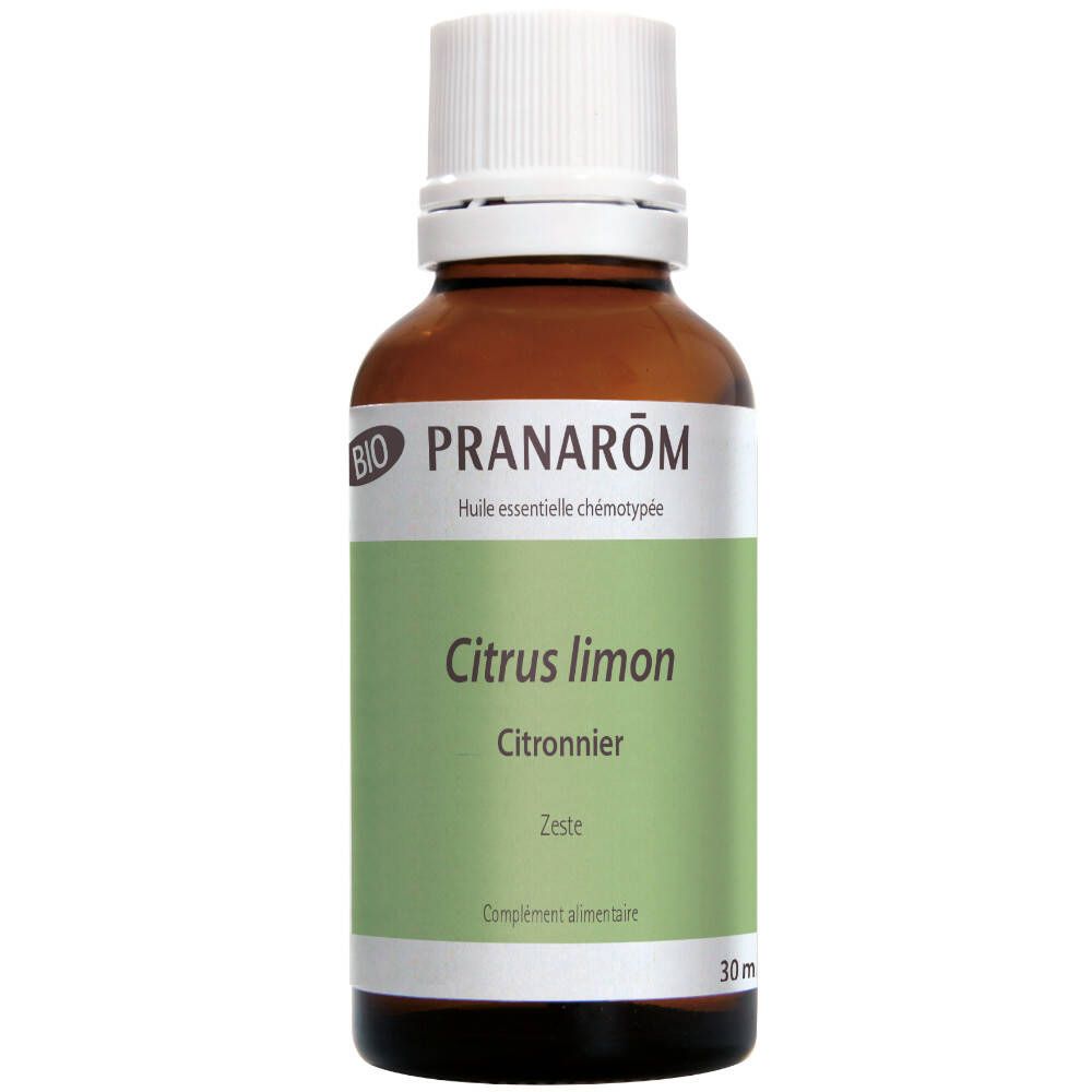 Flacon en verre brun avec bouchon blanc et étiquette. Inscription: Citrus limon, 30 ml.