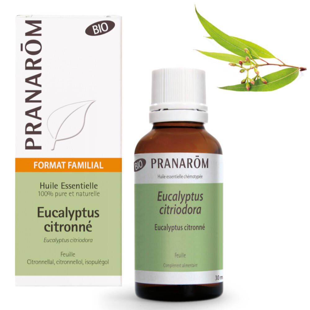 Flacon en verre brun avec bouchon blanc et étiquette. Boîte avec informations produit et branche d'eucalyptus.