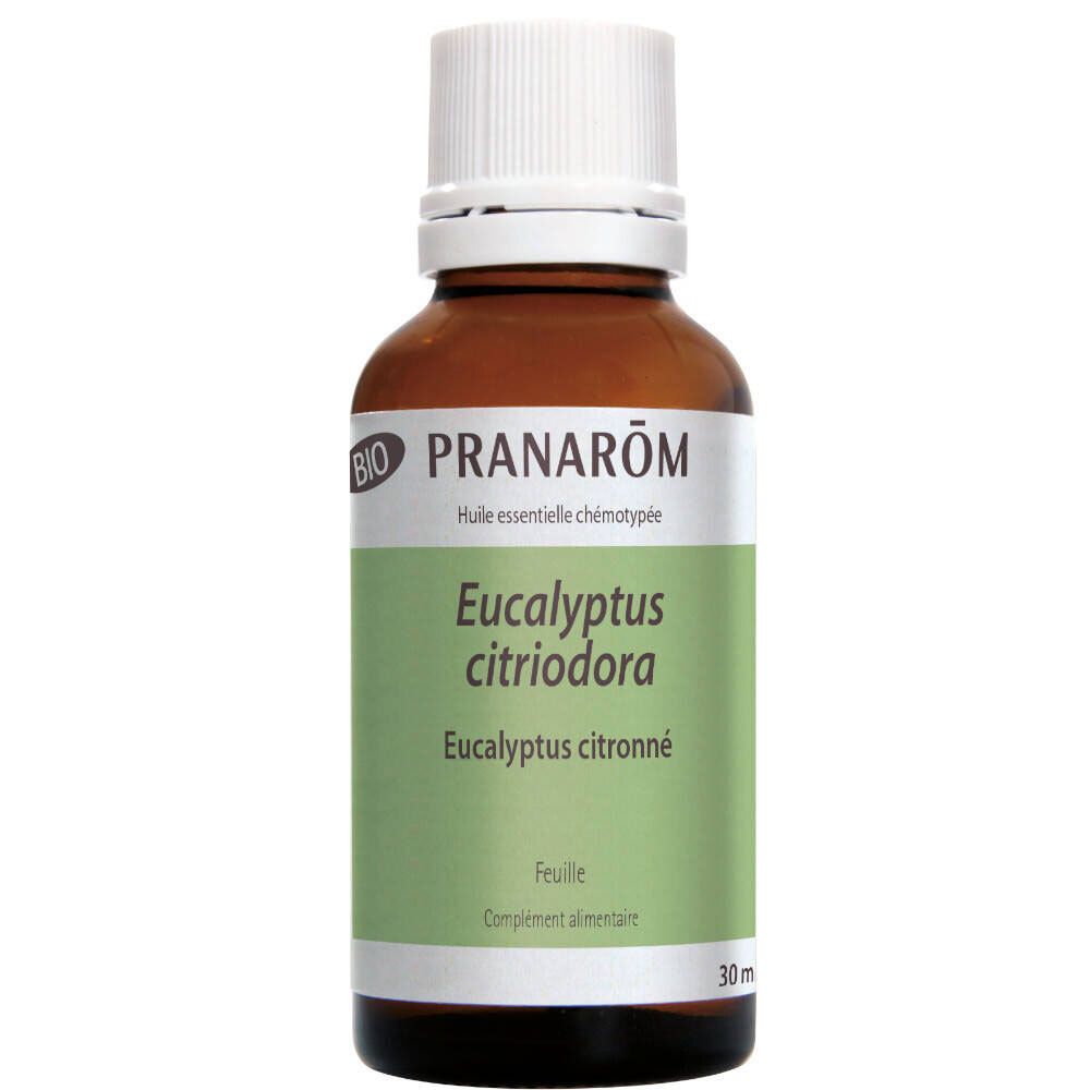 Flacon en verre brun avec bouchon blanc et étiquette. 'Eucalyptus citriodora' est écrit sur l'étiquette.