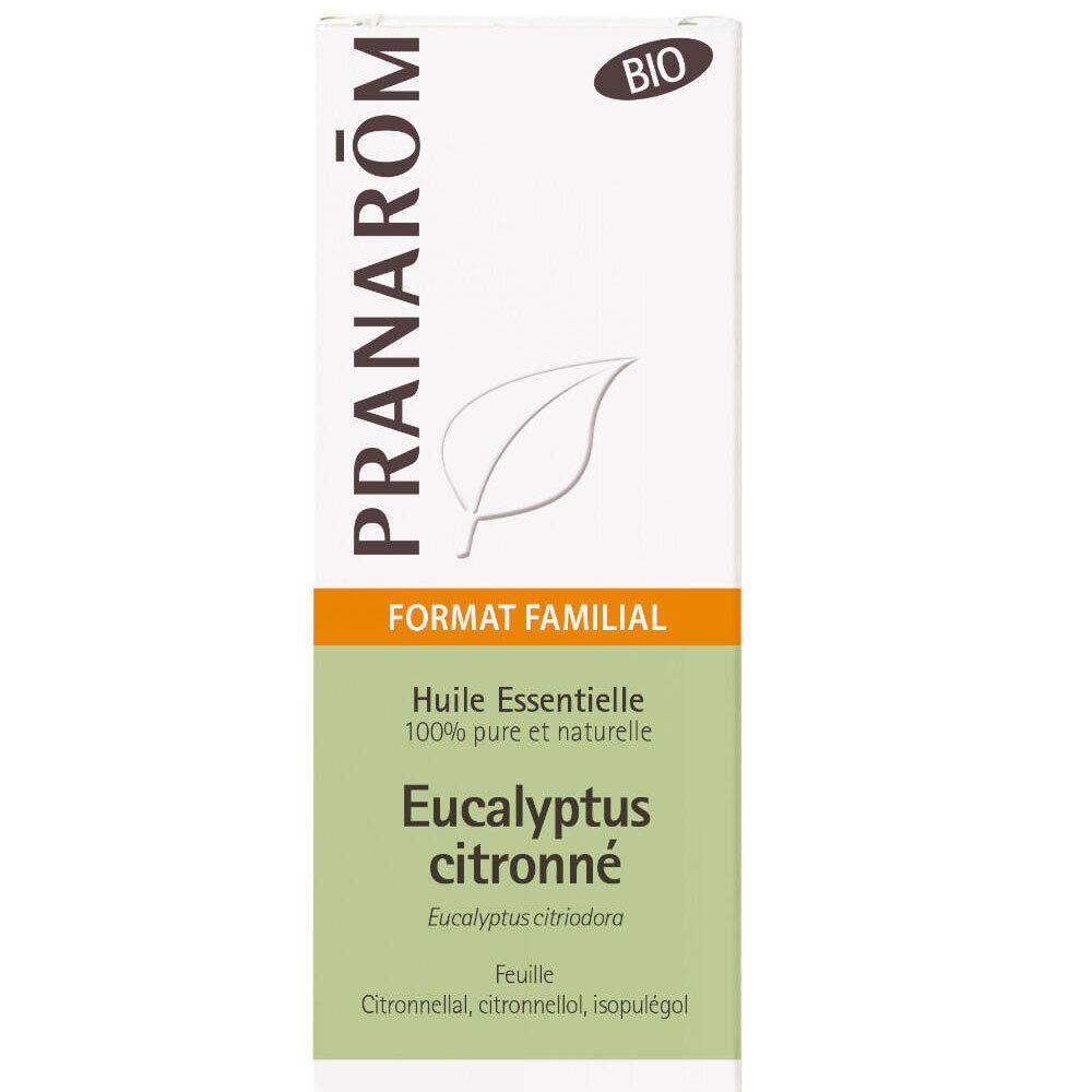 Boîte blanche avec informations produit. Le nom de la marque et le nom du produit 'Eucalyptus citronné' sont imprimés.