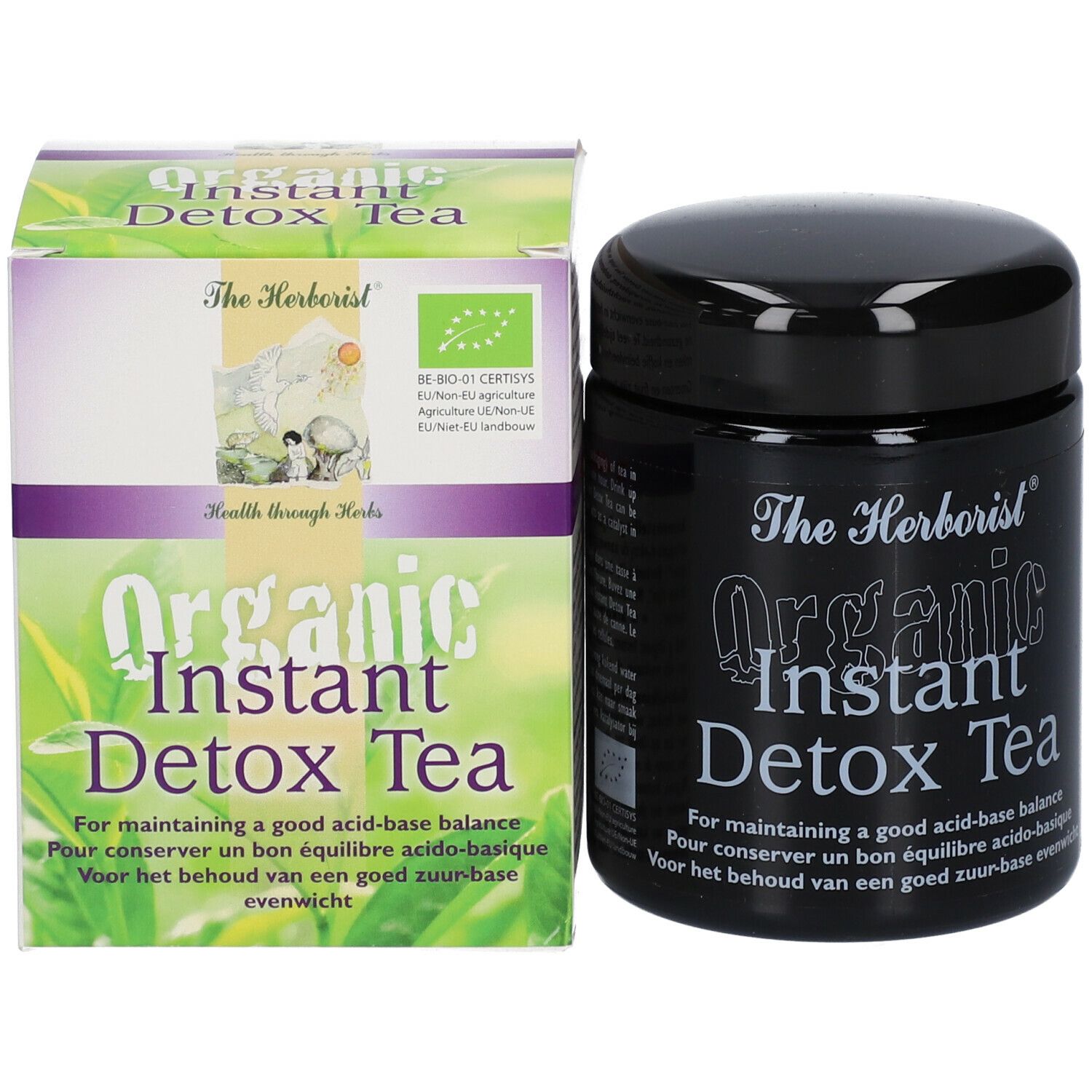 Produktverpackung: Dose und Schachtel. Aufschrift: The Herborist Organic Instant Detox Tea. Mit Bio-Siegel.
