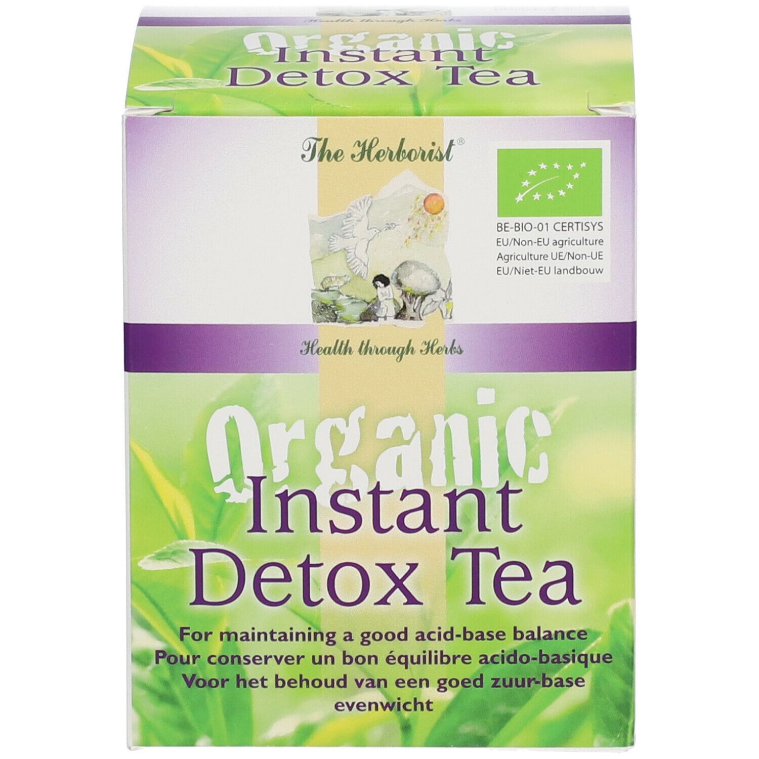 Produktverpackung: Schachtel. Aufschrift: The Herborist Organic Instant Detox Tea. Mit Bio-Siegel.