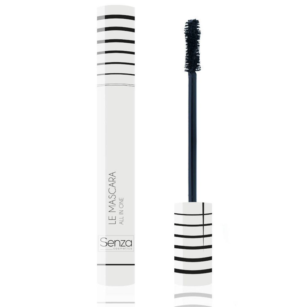 Mascara blanche avec brosse noire. Inscription: LE MASCARA ALL IN ONE. Marque: Senza. Rayures blanches et noires sur le capuchon et le bas.