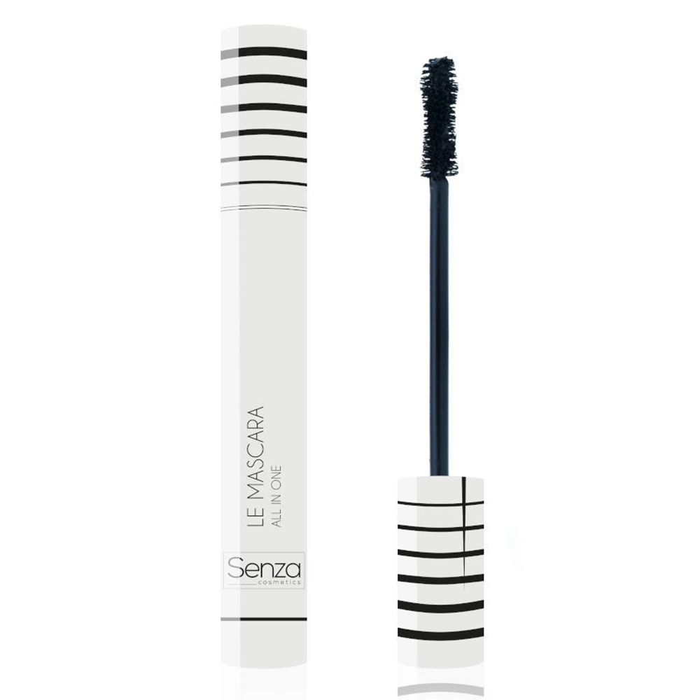 Weiße Mascara-Tube mit Bürste. Aufschrift: LE MASCARA ALL IN ONE. Marke: Senza Cosmetics.