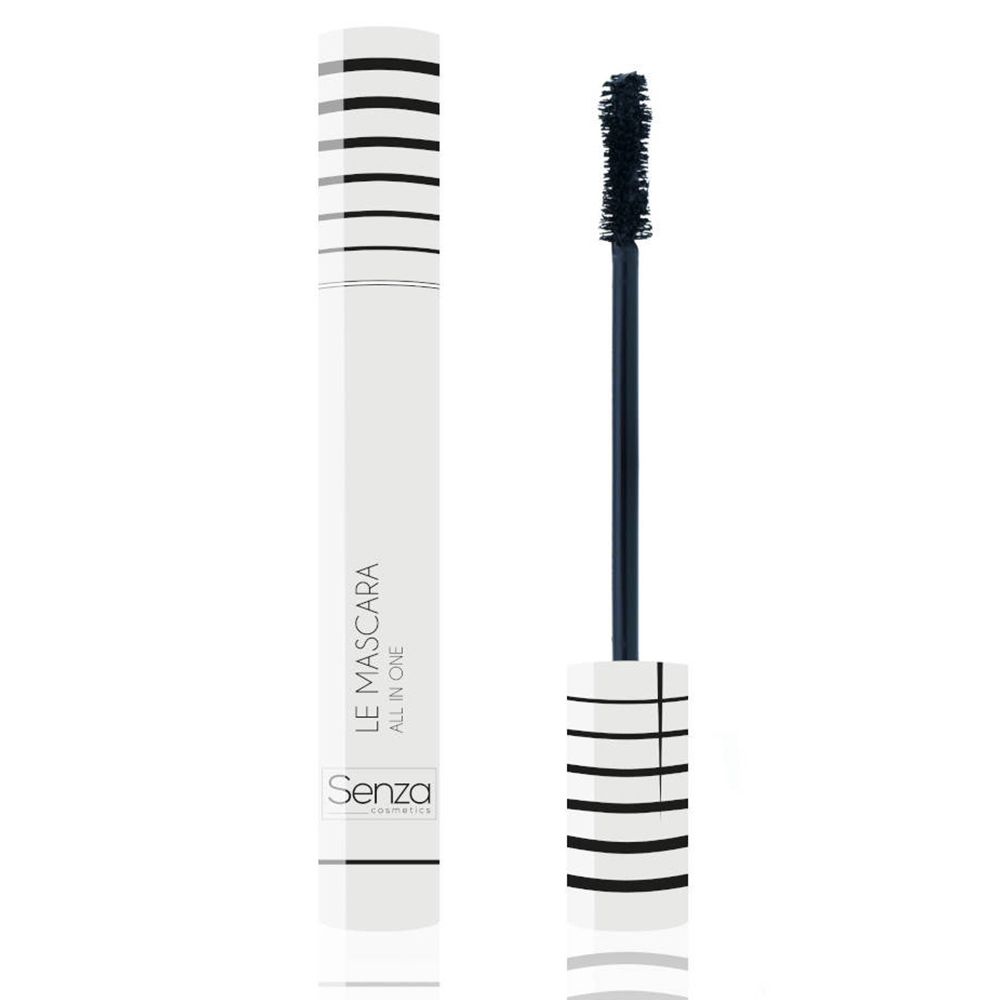 Weiße Mascara-Tube und Bürste. Auf der Tube steht „LE MASCARA ALL IN ONE“ und „Senza“. Schwarze und weiße Streifen am Deckel.