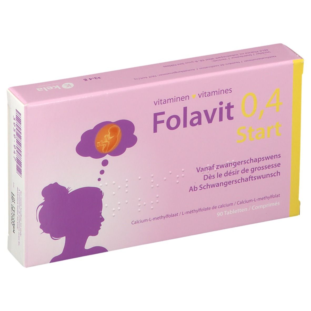 Packung Folavit 0,4 Start mit 90 Tabletten. Enthält Folsäure für die Schwangerschaft.
