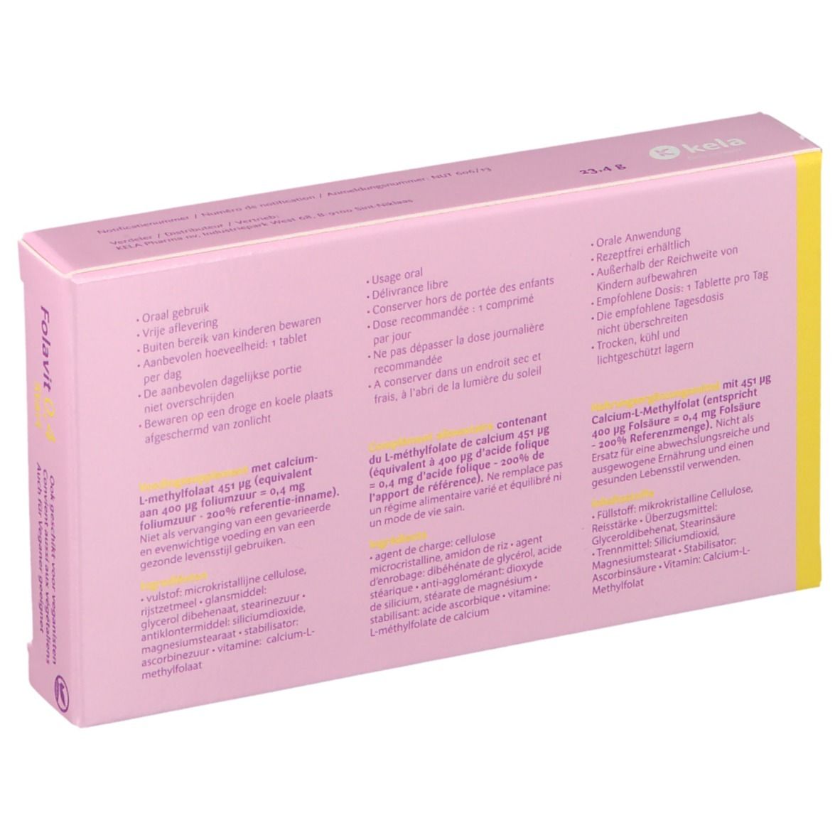 Rückseite der Folavit 0,4 Start Packung mit detaillierten Informationen.