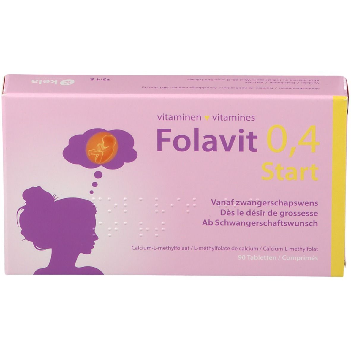 Packung Folavit 0,4 Start mit 90 Tabletten. Enthält Folsäure für die Schwangerschaft.