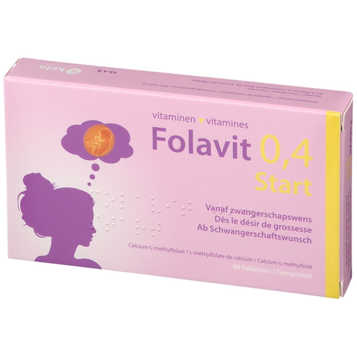 Packung Folavit 0,4 Start mit 90 Tabletten. Enthält Folsäure für die Schwangerschaft.
