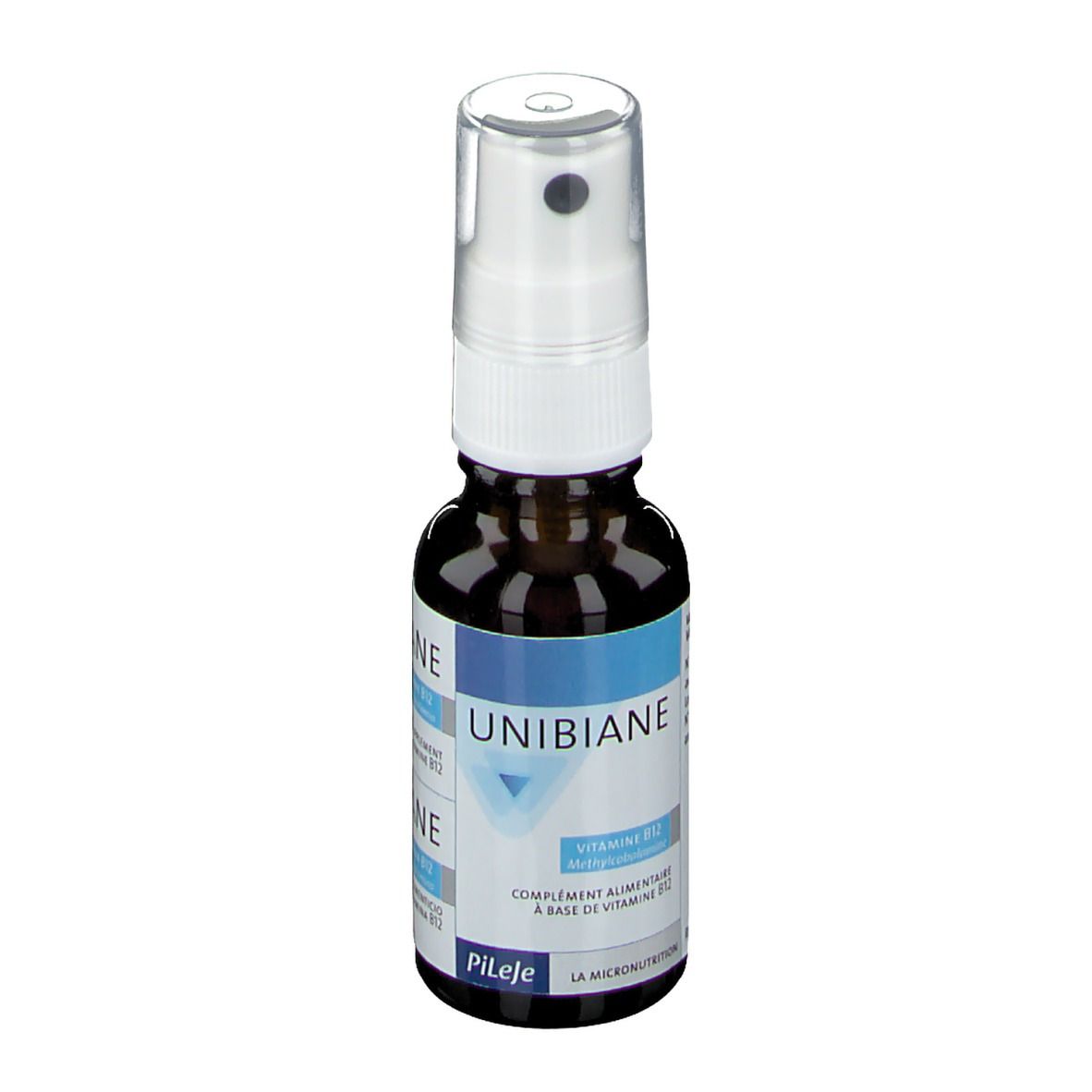 Flacon en verre brun avec pulvérisateur blanc. Inscription UNIBIANE, Vitamine B12. Marque PiLeJe.