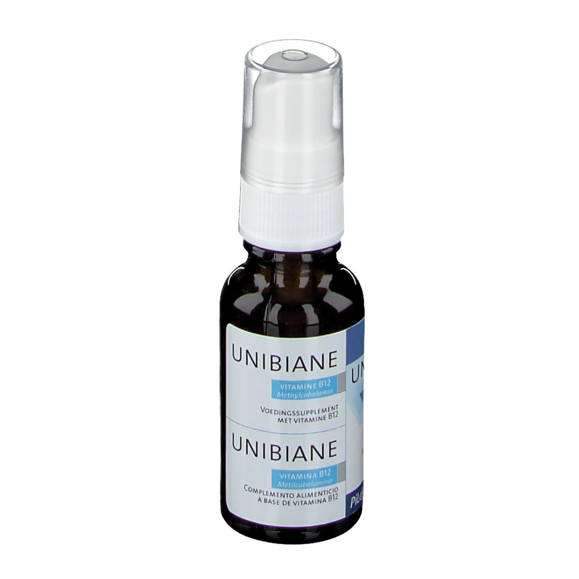 Flacon en verre brun avec pulvérisateur blanc. Inscription UNIBIANE, Vitamine B12. Marque PiLeJe.