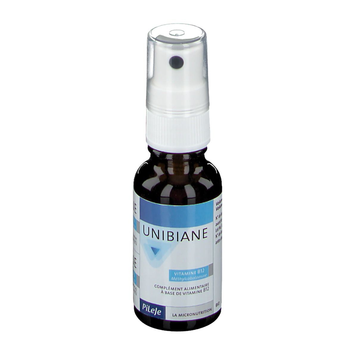 Flacon en verre brun avec pulvérisateur blanc. Inscription UNIBIANE, Vitamine B12. Marque PiLeJe.