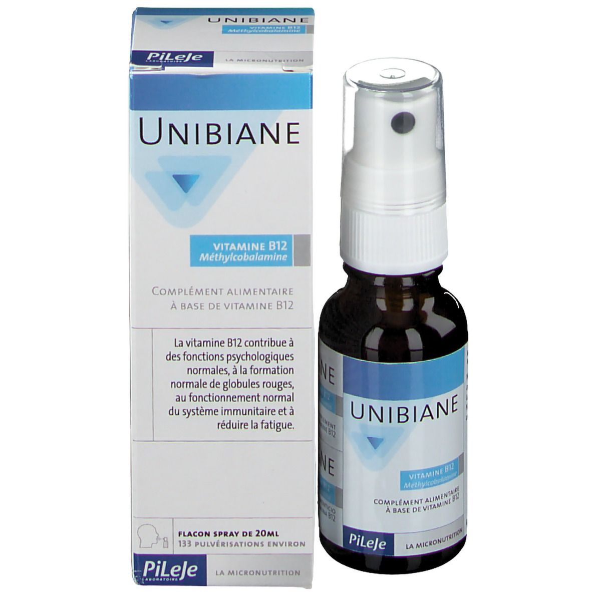 Flacon et emballage du produit. Inscription UNIBIANE, Vitamine B12. Marque PiLeJe. Flacon avec pulvérisateur.