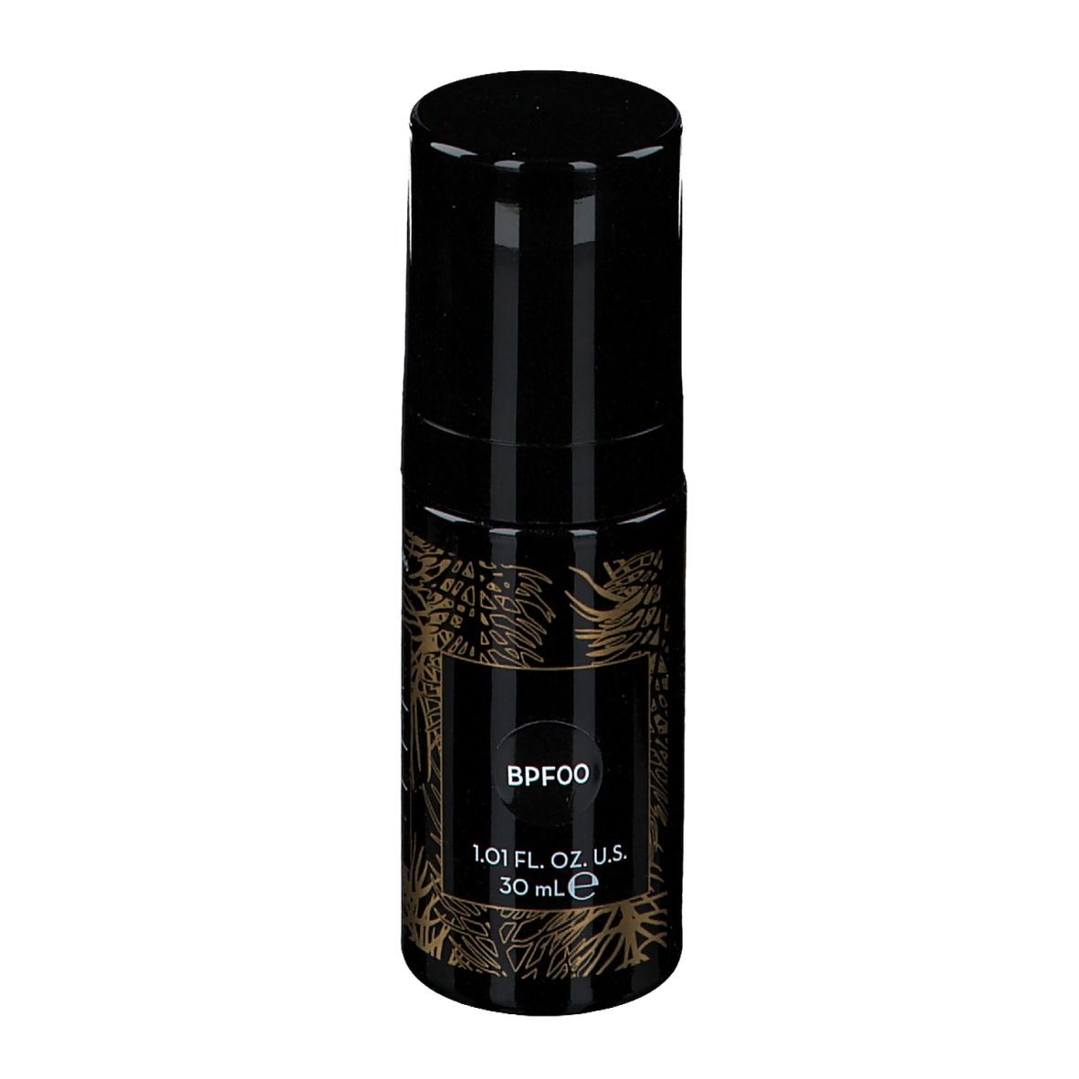 Zwarte fles Korres Black Pine Foundation. Opschrift: BPF00, 30 ml. Zwarte dop. Gouden versieringen.