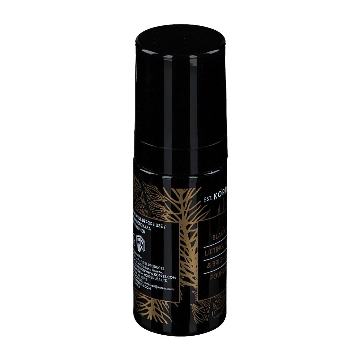 Zwarte fles Korres Black Pine Foundation. Opschrift: BPF00, 30 ml. Met gouden versieringen. Tekst op achterkant.