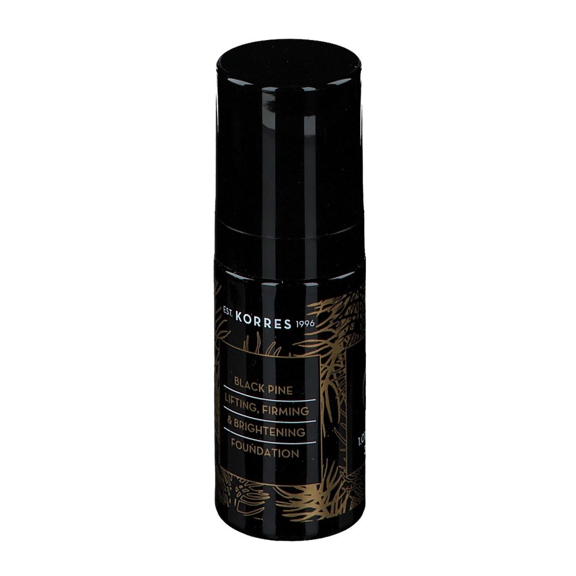 Zwarte fles Korres Black Pine Foundation. Opschrift: Black Pine, Lifting, Firming & Brightening Foundation. 30 ml.