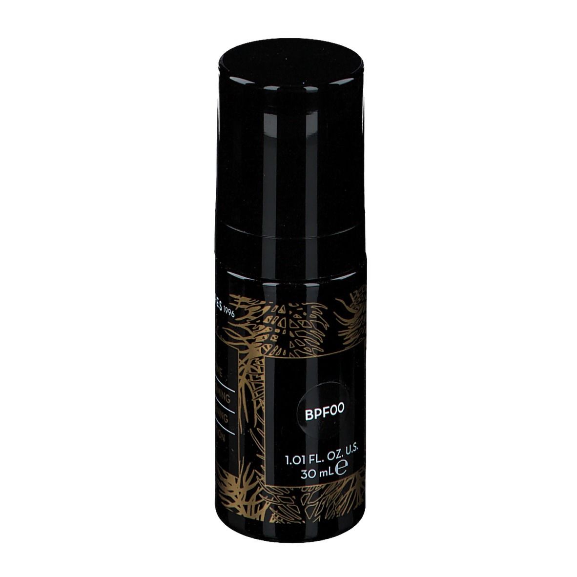 Zwarte fles Korres Black Pine Foundation. Opschrift: BPF00, 30 ml. Zwarte dop. Gouden versieringen.