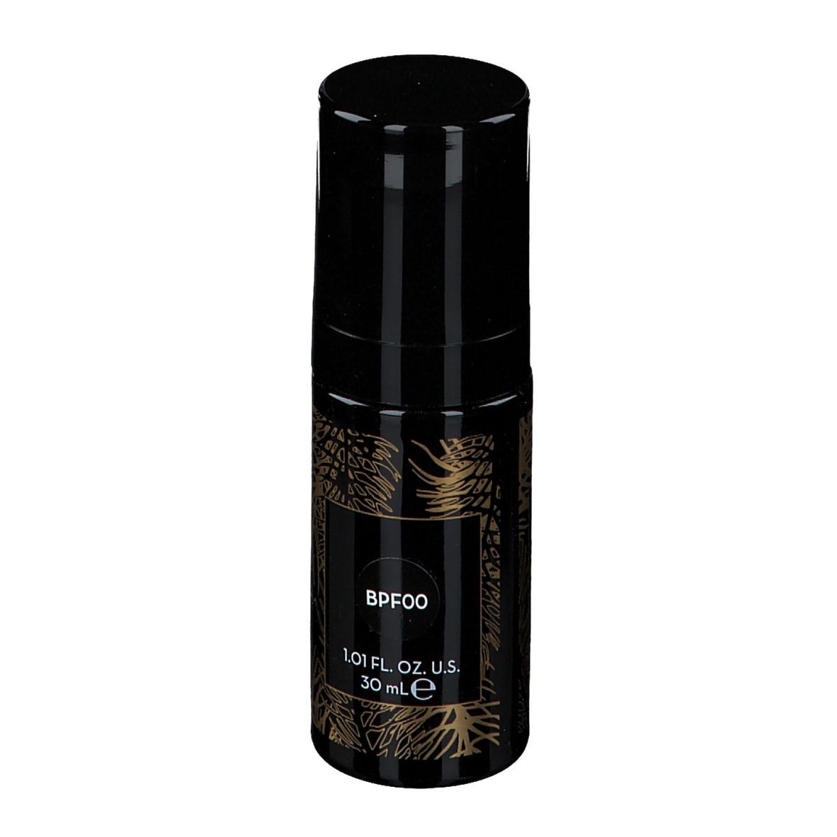 Zwarte fles Korres Black Pine Foundation. Opschrift: BPF00, 30 ml. Zwarte dop. Gouden versieringen.