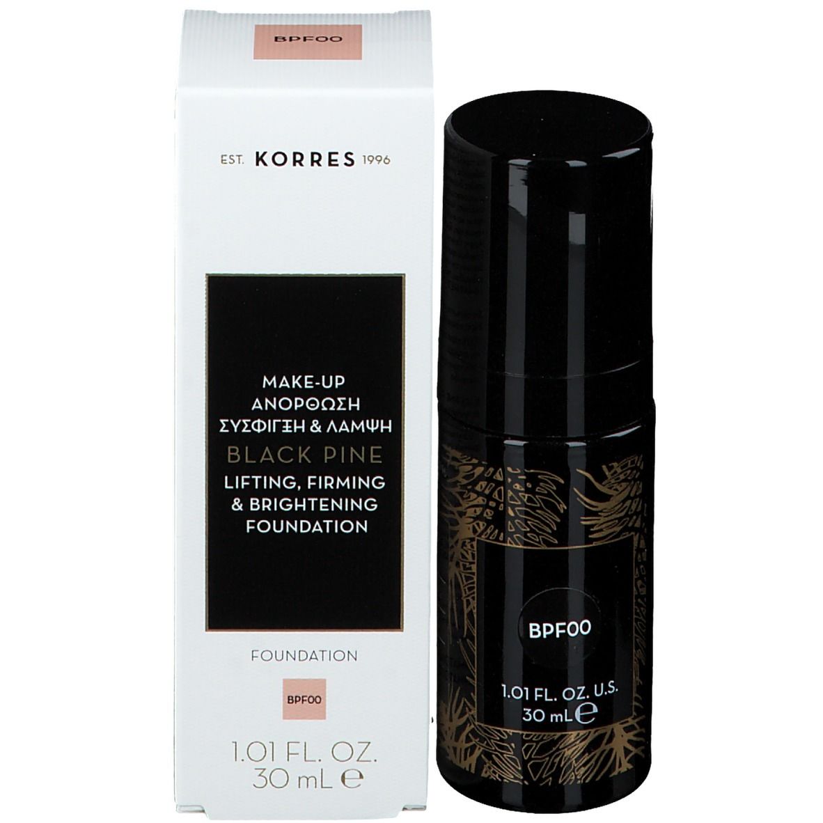 Korres Black Pine Foundation, verpakking en fles. Opschrift: Black Pine, Lifting, Firming & Brightening Foundation. 30 ml.