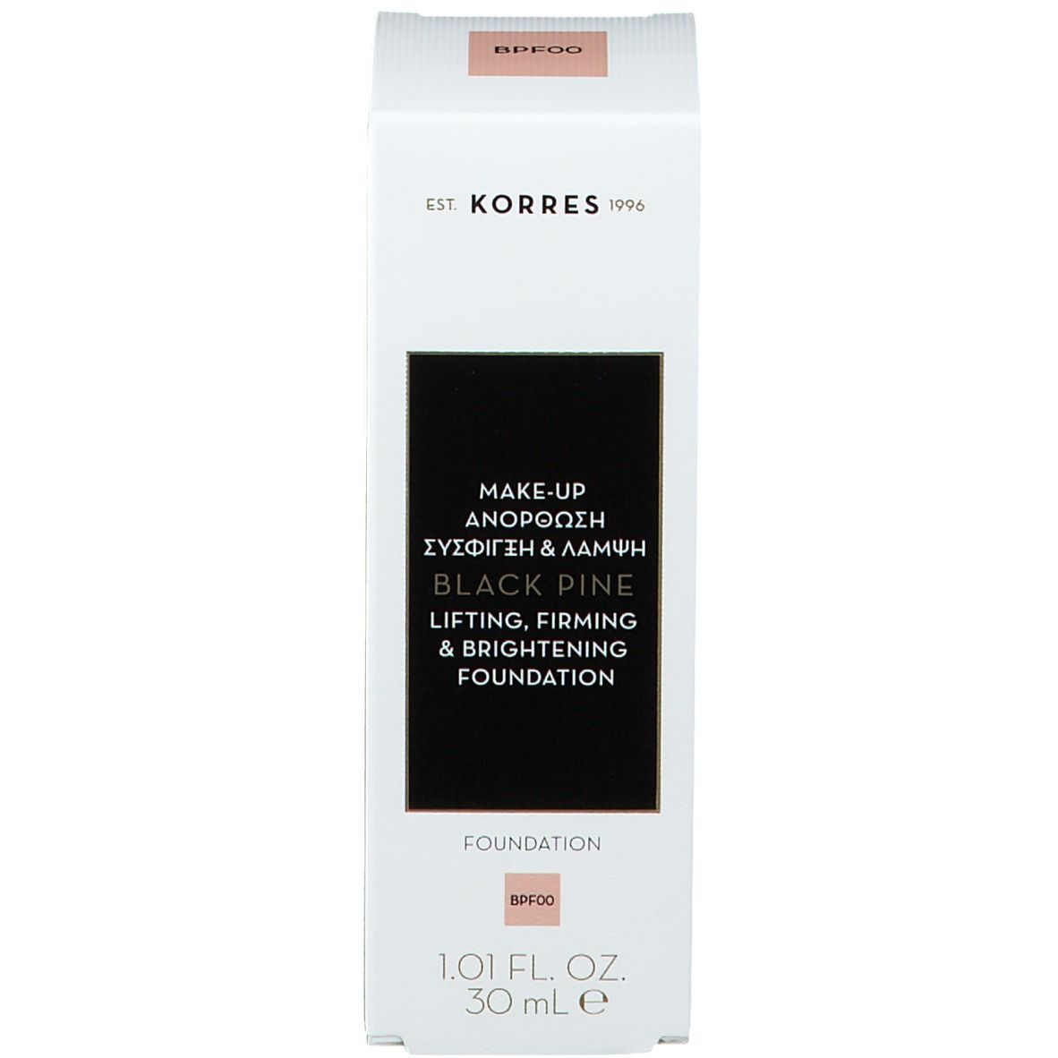Korres Black Pine Foundation, verpakking. Opschrift: Black Pine, Lifting, Firming & Brightening Foundation. BPF00.