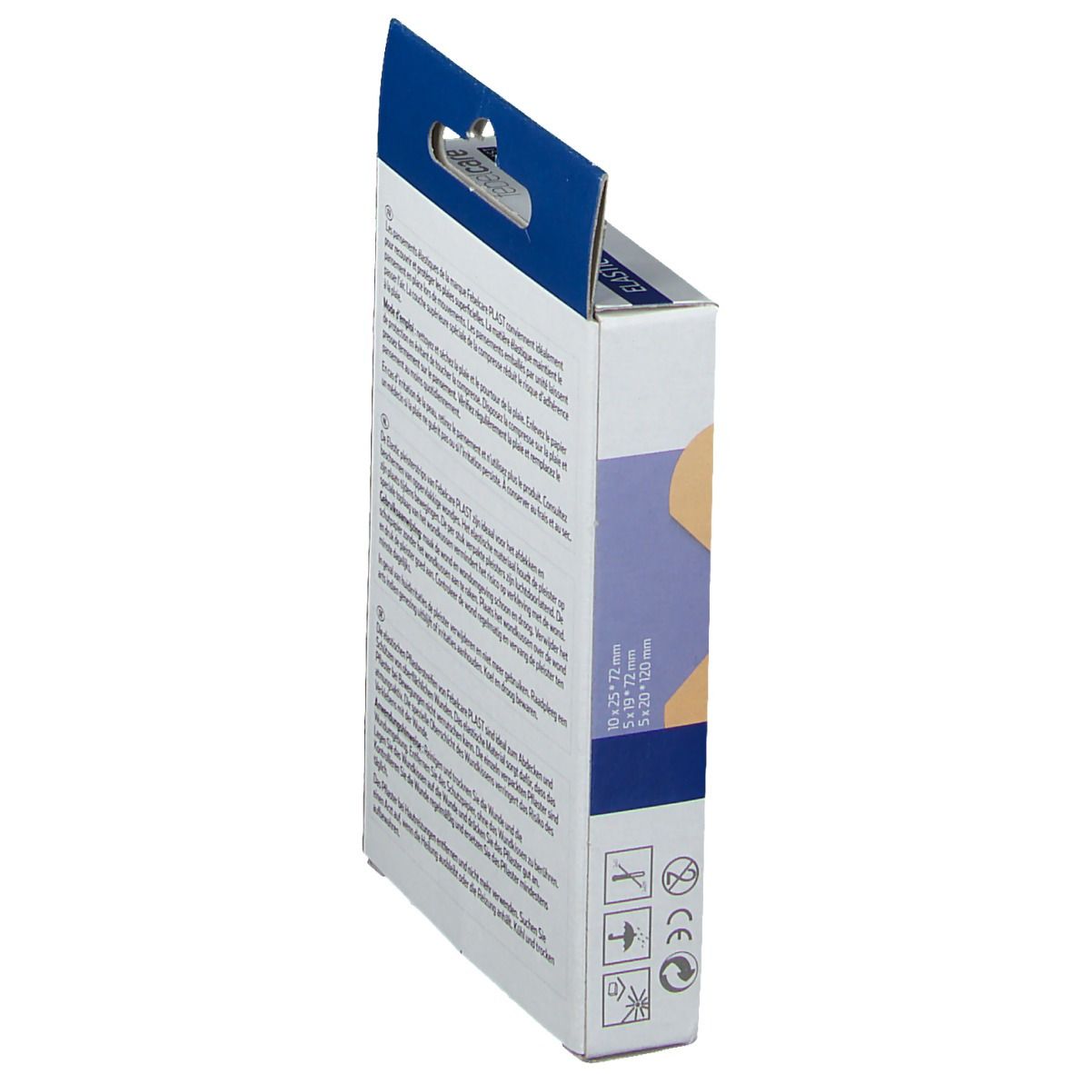Vue latérale de la boîte de pansements. Texte multilingue. Indications de taille et marquage CE.