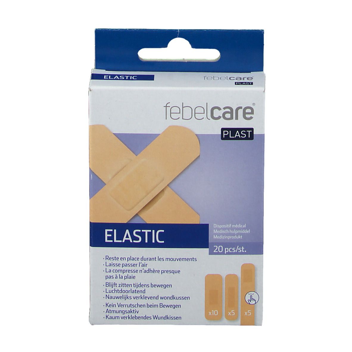 Vue de face de la boîte de pansements. Marque Febelcare, inscription "ELASTIC". Contient 20 pièces. Différentes tailles.