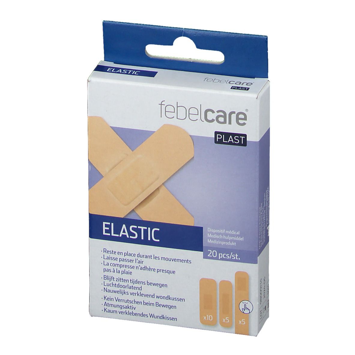 Vue de face de la boîte de pansements. Marque Febelcare, inscription "ELASTIC". Contient 20 pièces. Différentes tailles.