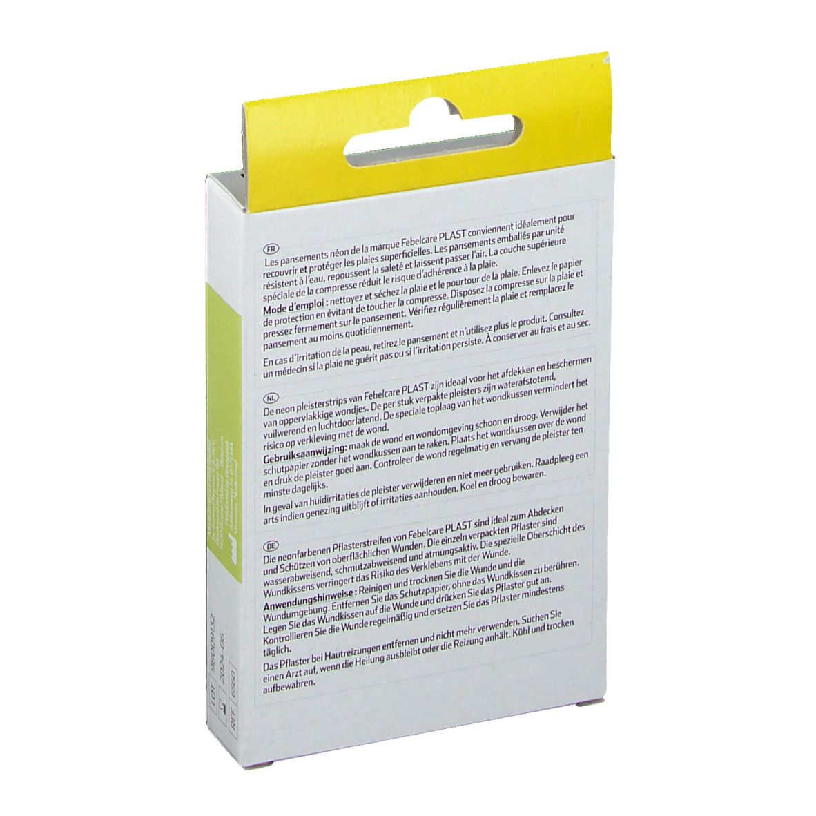 Dos de la boîte de pansements. Texte multilingue. Contient des informations sur l'utilisation et les ingrédients.