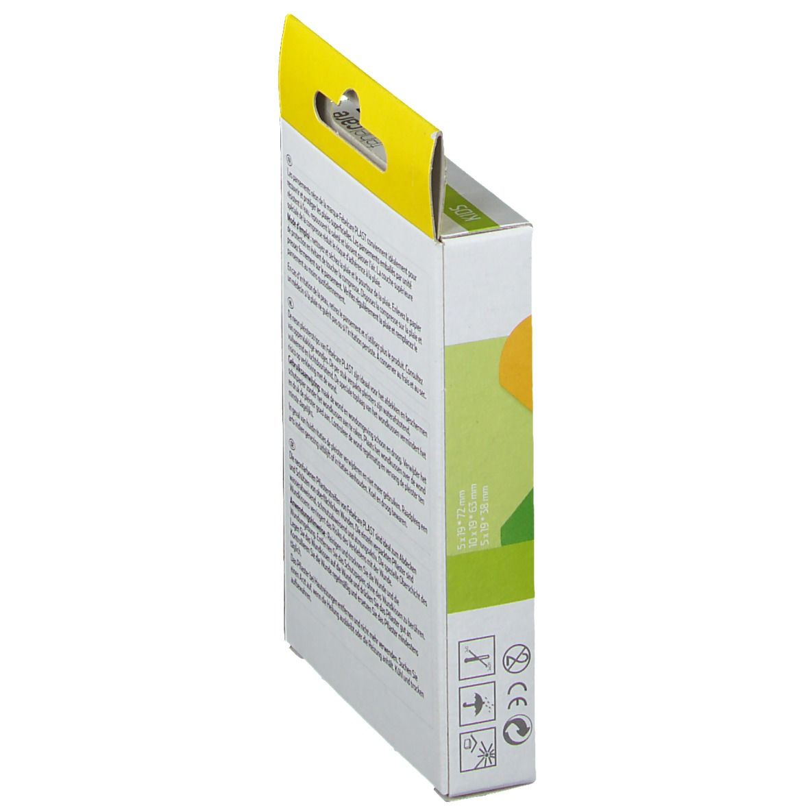 Vue latérale de la boîte de pansements. Texte multilingue. Avec marquage CE et pictogrammes.