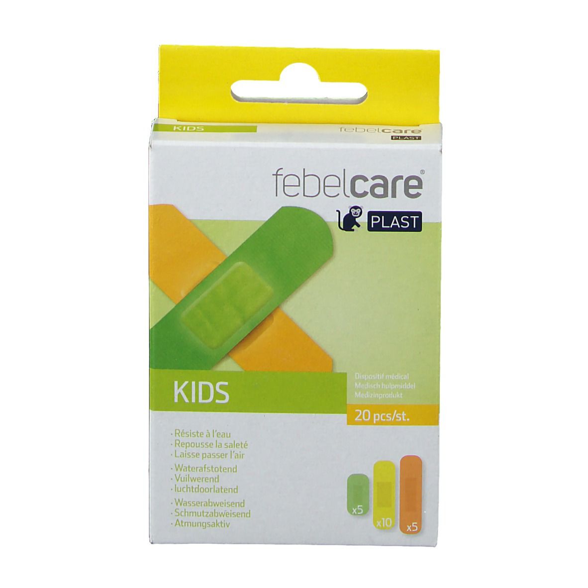 Boîte de pansements. Inscription : febelcare PLAST, KIDS, 20 pièces. Pansements verts et jaunes représentés.