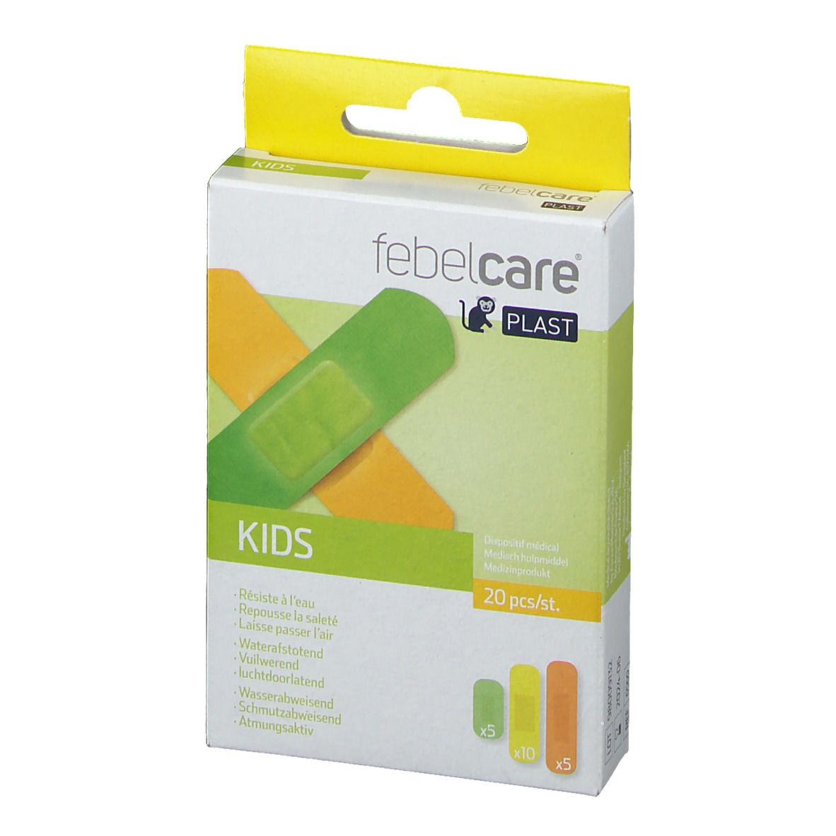 Boîte de pansements. Inscription : febelcare PLAST, KIDS, 20 pièces. Pansements verts et jaunes représentés.