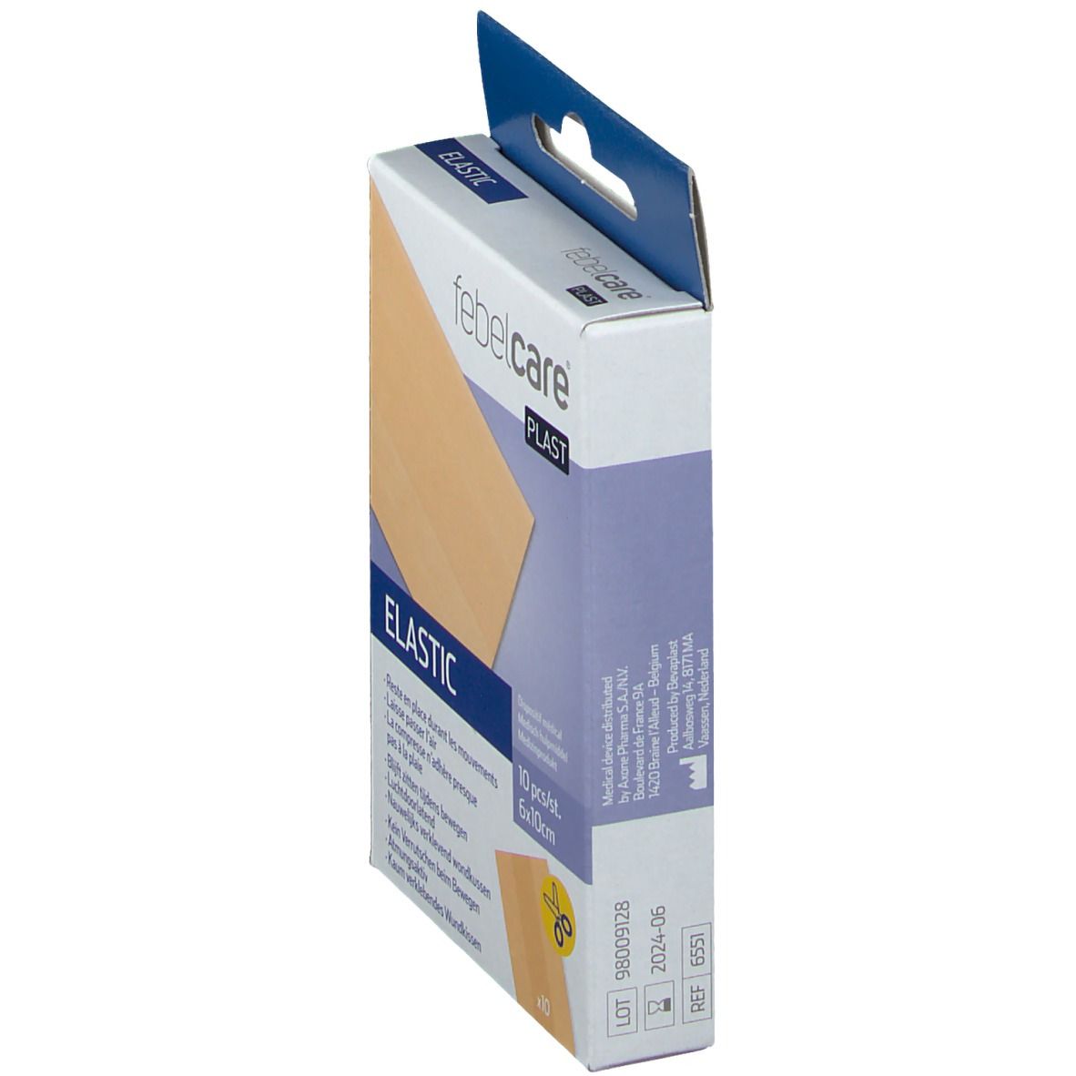 Vue latérale de la boîte de pansements élastiques Febelcare Plast. 10 pièces, 6x10cm. Informations produit.