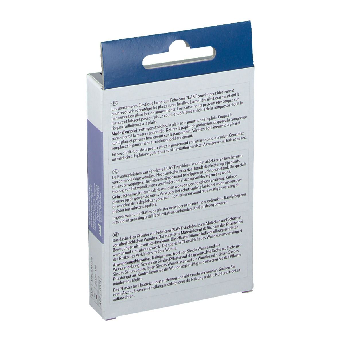 Dos de la boîte avec informations produit. Texte multilingue. Mode d'emploi et avertissements.