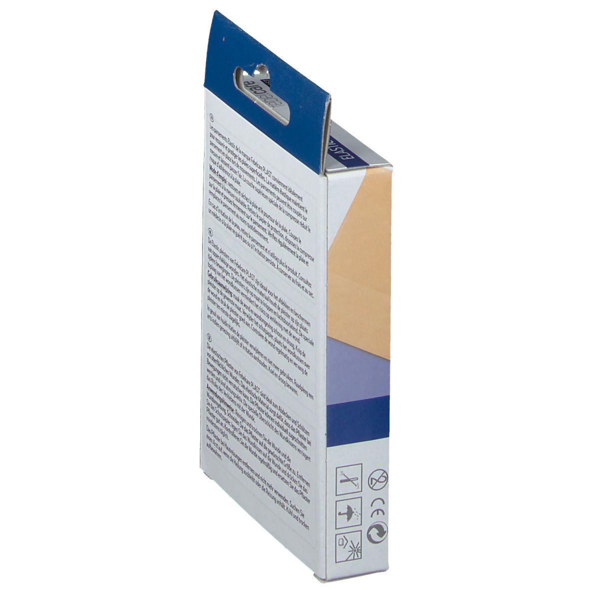 Vue latérale de la boîte avec informations produit. Texte multilingue. Marquage CE.