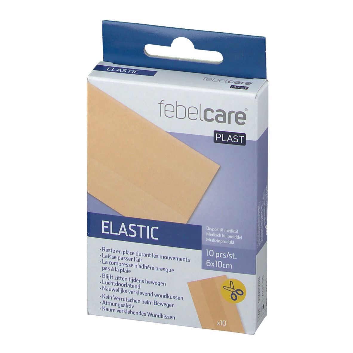 Boîte de pansements élastiques Febelcare Plast. 10 pièces, 6x10cm. Pansement beige.