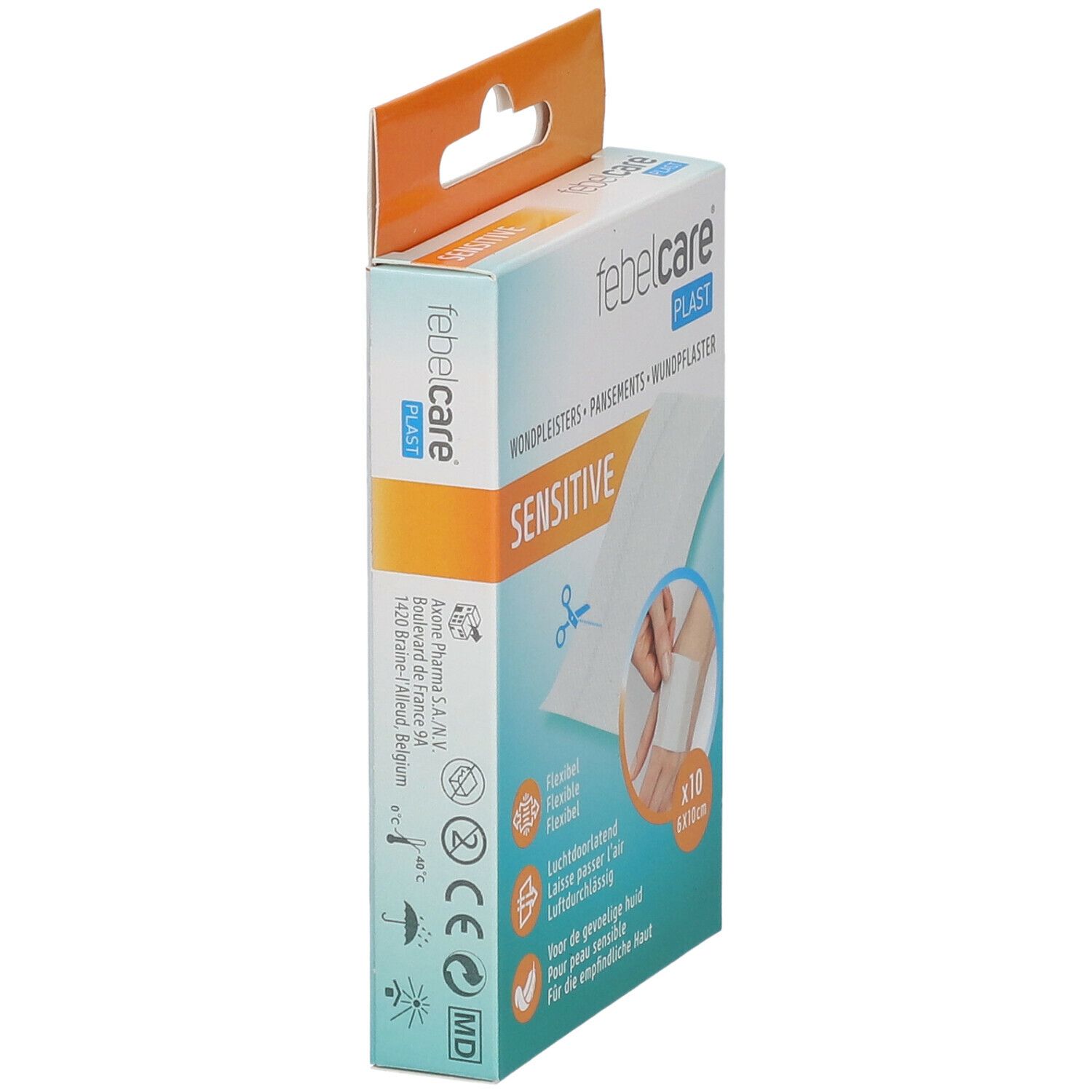 Vue latérale de la boîte de pansements Febelcare Plast. Inscription: Sensitive, flexible, respirant. 10 unités, 6x10cm.