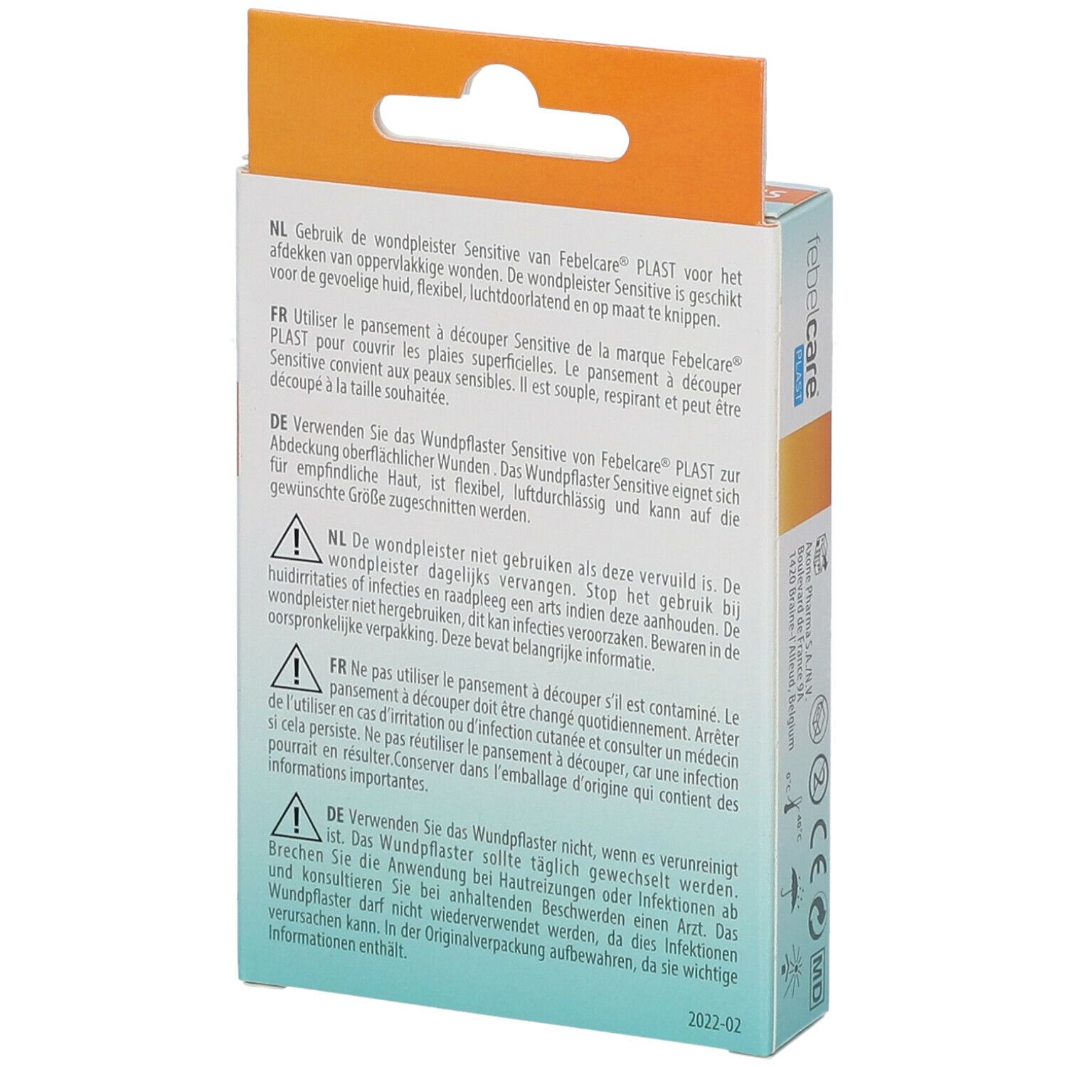 Dos de la boîte de pansements Febelcare Plast. Texte en allemand, français et néerlandais. Marquage CE.