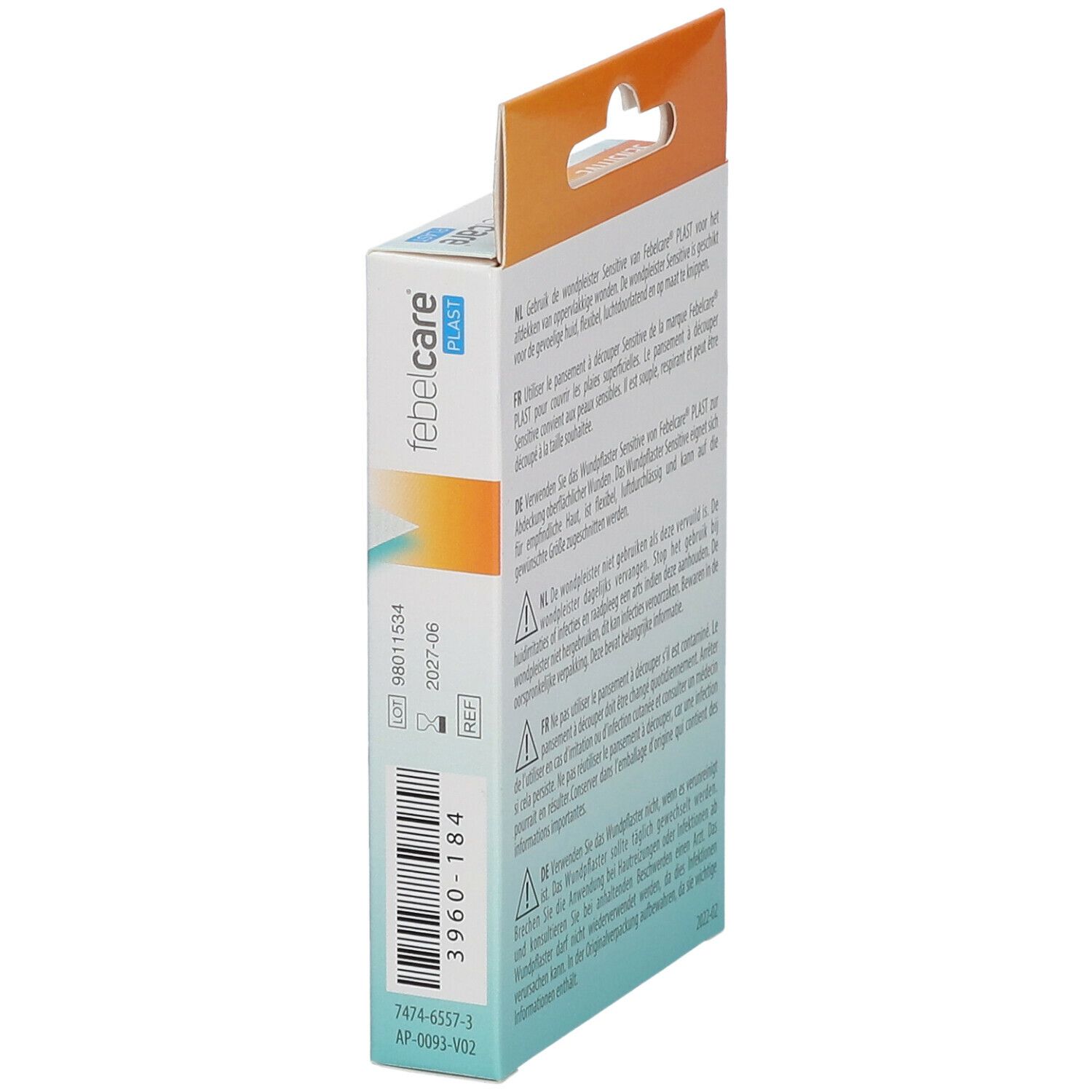 Dos de la boîte de pansements Febelcare Plast. Texte, numéro de lot, date de péremption et symboles.
