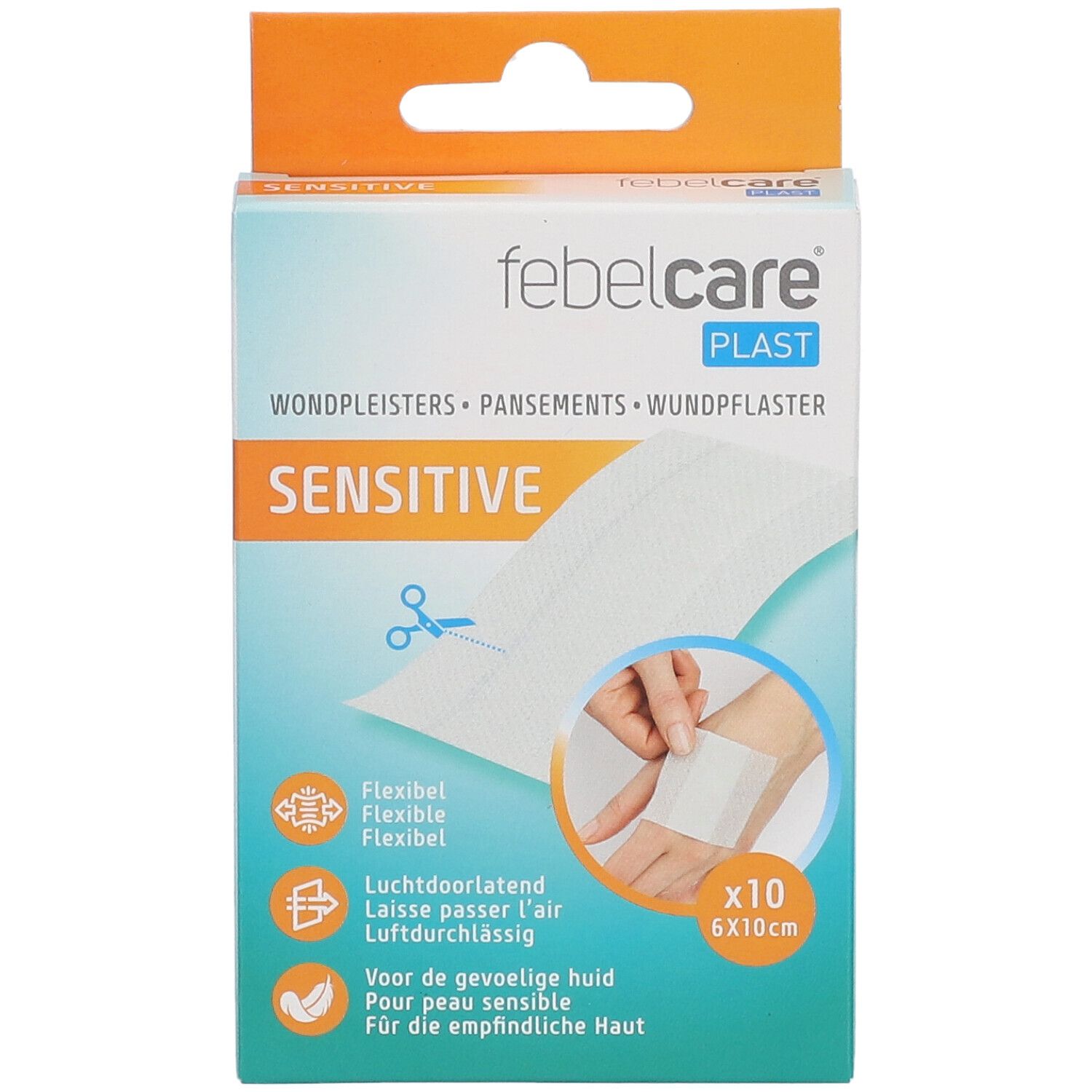 Vue de face de la boîte de pansements Febelcare Plast. Inscription: Sensitive, flexible, respirant. 10 unités, 6x10cm.