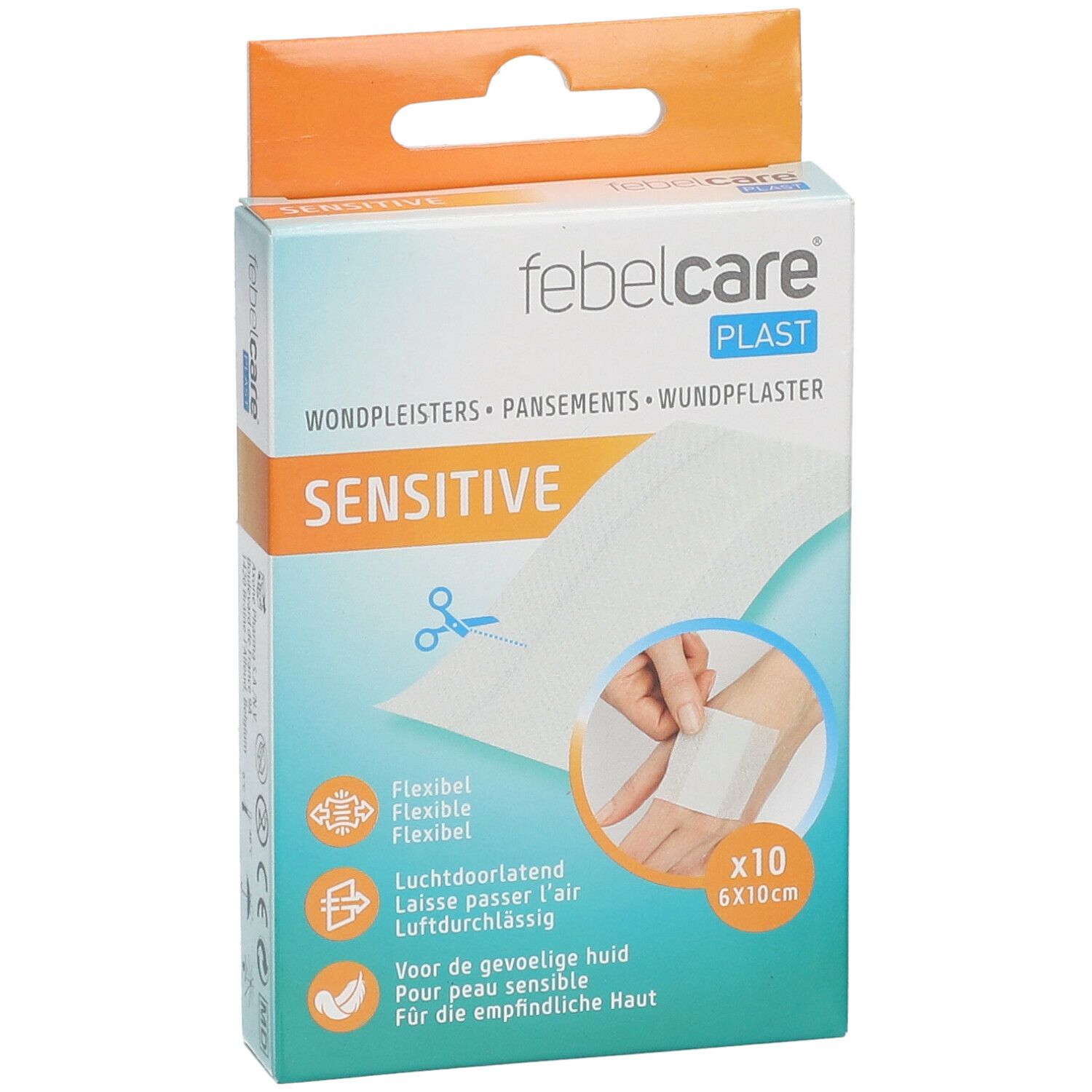 Vue de face de la boîte de pansements Febelcare Plast. Inscription: Sensitive, flexible, respirant. 10 unités, 6x10cm.