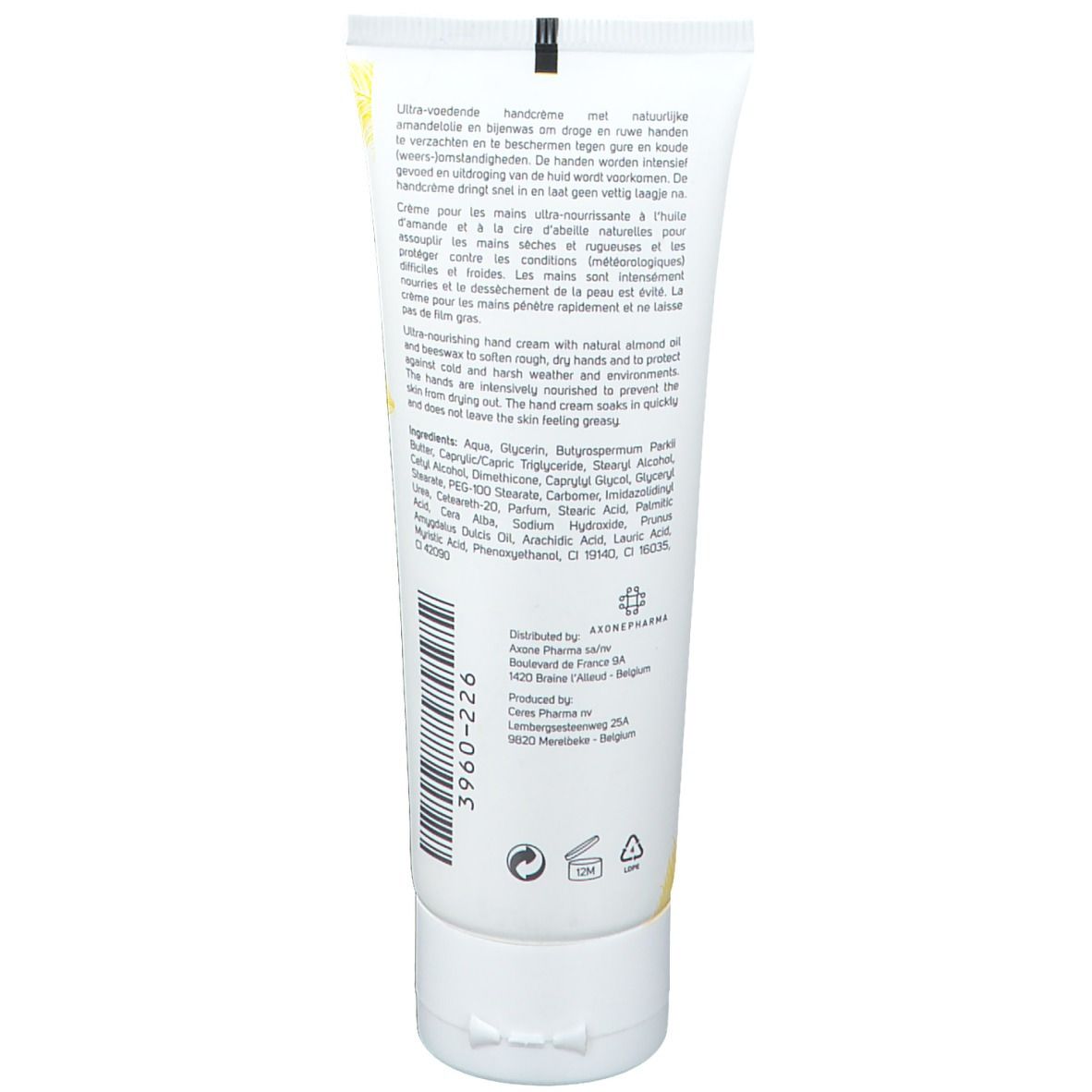 Dos du tube de crème pour les mains. Texte en allemand, français et néerlandais. Ingrédients et informations du fabricant.
